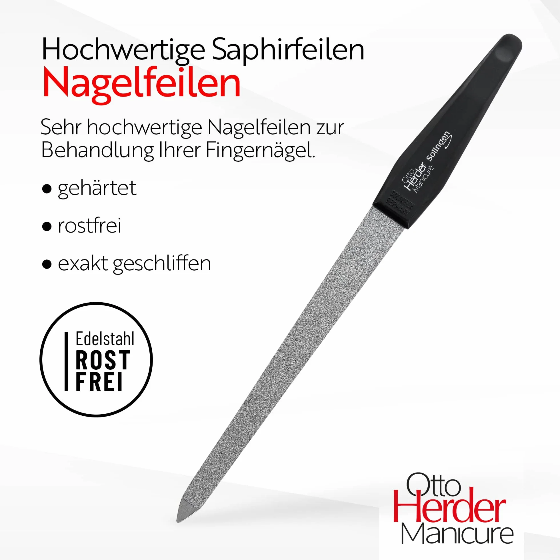 Otto Herder manicure Pilnik do paznokci – 4 sztuki pilnik szafirowy Solingen 3.5"/5"/6"/7" z czarnym uchwytem gruby i drobny liść