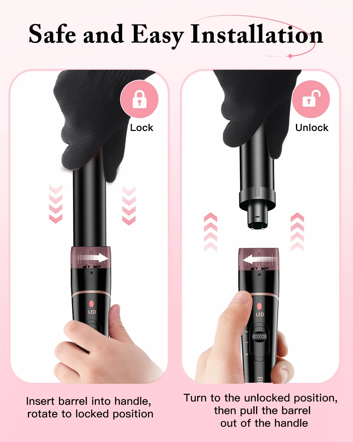 BESTOPE PRO 6 w 1 lokówka do włosów, duże loki i małe, lokówka z różnymi końcówkami, rękawiczki, regulacja temperatury, czarna