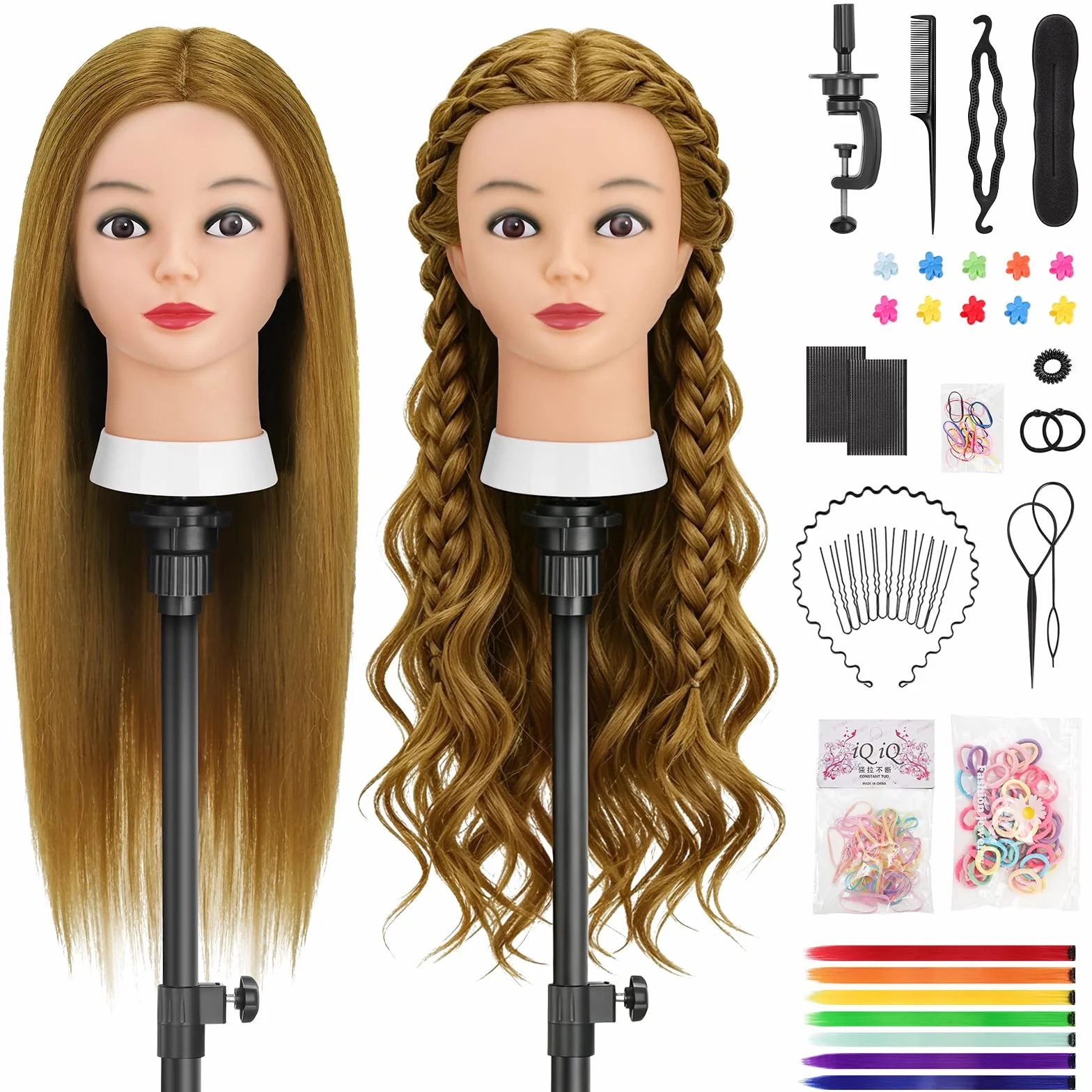 TwoWin Głowa treningowa fryzjerska, 26" (66 cm) 80% prawdziwe włosy, głowa manekina, głowa do stylizacji peruki z zaciskiem i zestawem do zaplatania DIY (jasnobrązowy)