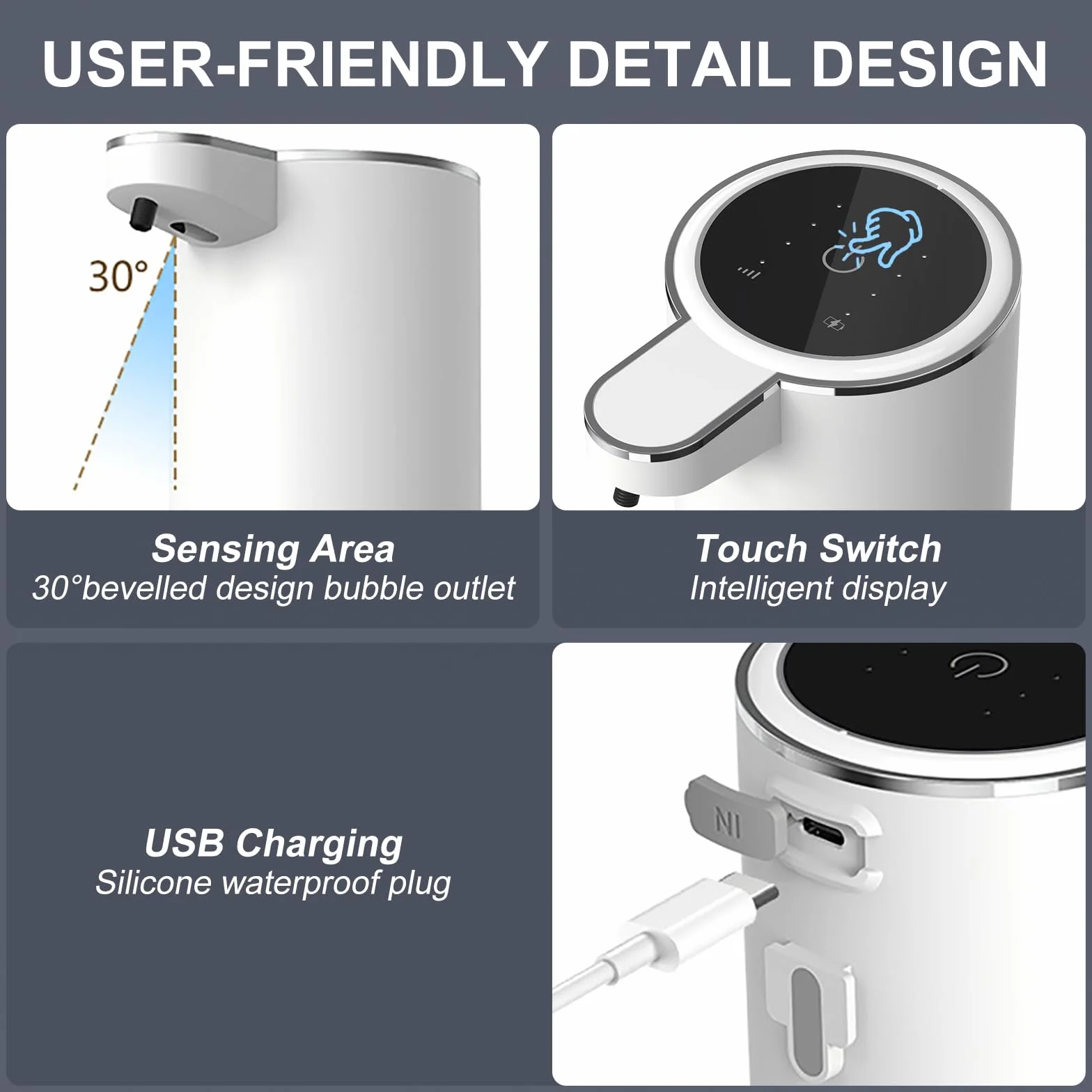 Cuteefun Automatyczny dozownik mydła 400 ml z czujnikiem USB-C 4 poziomy kontroli montaż na ścianie