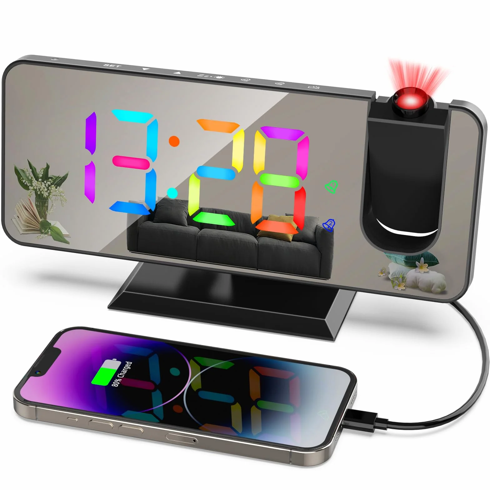 ThreeH Budzik z projektorem z 11 kolorami RGB, zmieniającym się lustrzanym wyświetlaczem LED, cyfrowy zegar z przyłączem USB do ładowania, funkcja drzemki, 6 regulowanych poziomów jasności, czarny