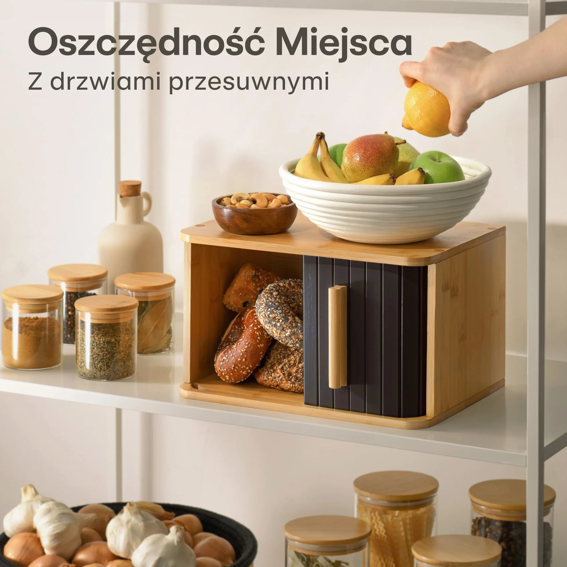 Bambusowy Pojemnik Na Chleb Fsc 33x23cm Z Przesuwanymi Drzwiczkami Czarny