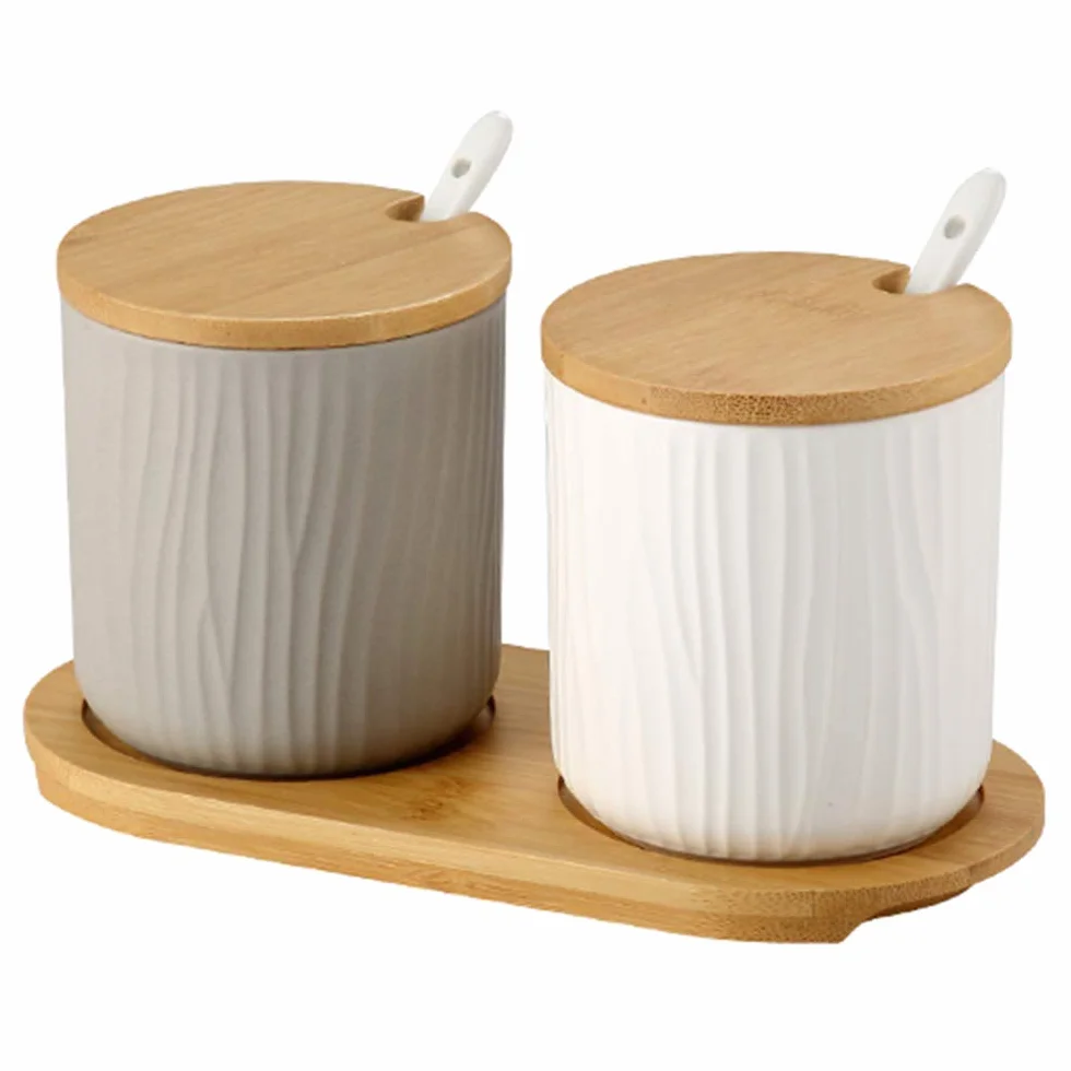 Zestaw 2 ceramicznych pojemników na przyprawy, cukiernica, miska na cukier z łyżeczką i bambusową pokrywką, na herbatę, cukier, sól, przyprawy, do domu i kuchni