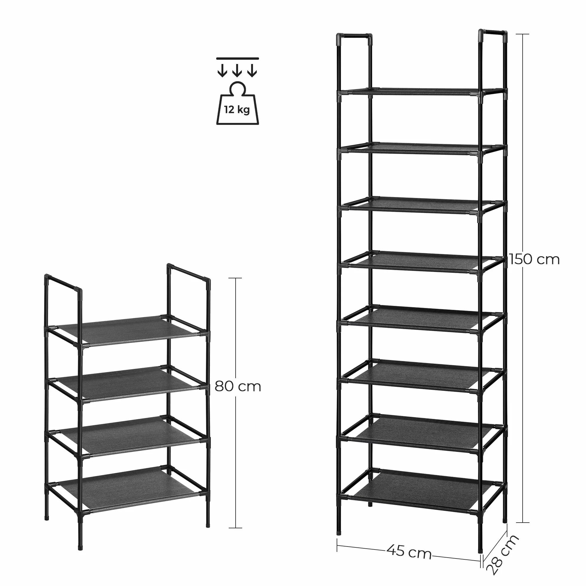 SONGMICS Regał na buty 4 półki zestaw 2 metalowa rama półki z włókniny 45 x 28 x 80 cm czarny LSR044B02