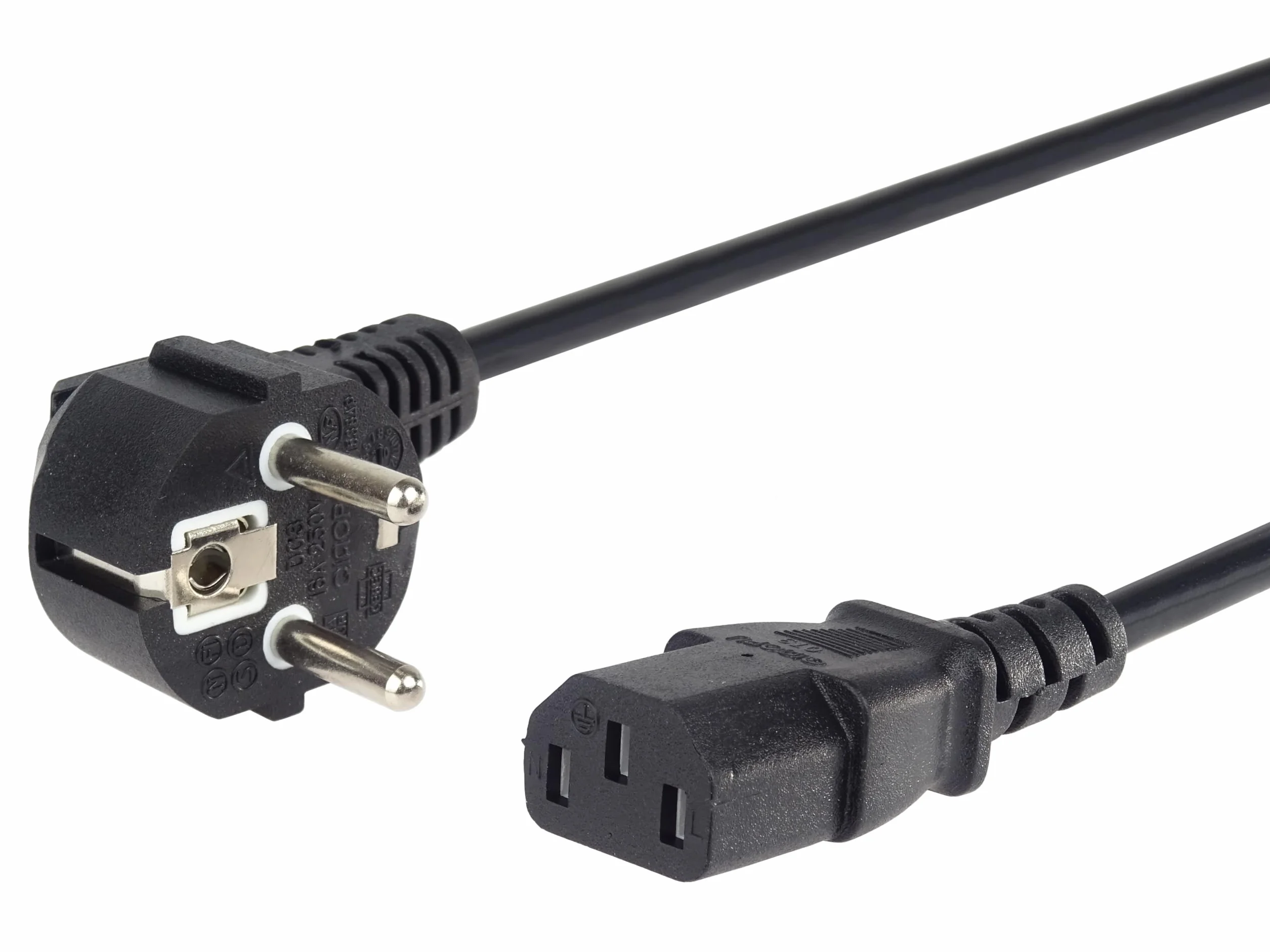 PremiumCord Kabel Zasilający 230V 2m, Kabel Zasilający ze Stykiem Uziemiającym pod Kątem do Gniazda C13, IEC 320, PC 3-pin, Kolor Czarny