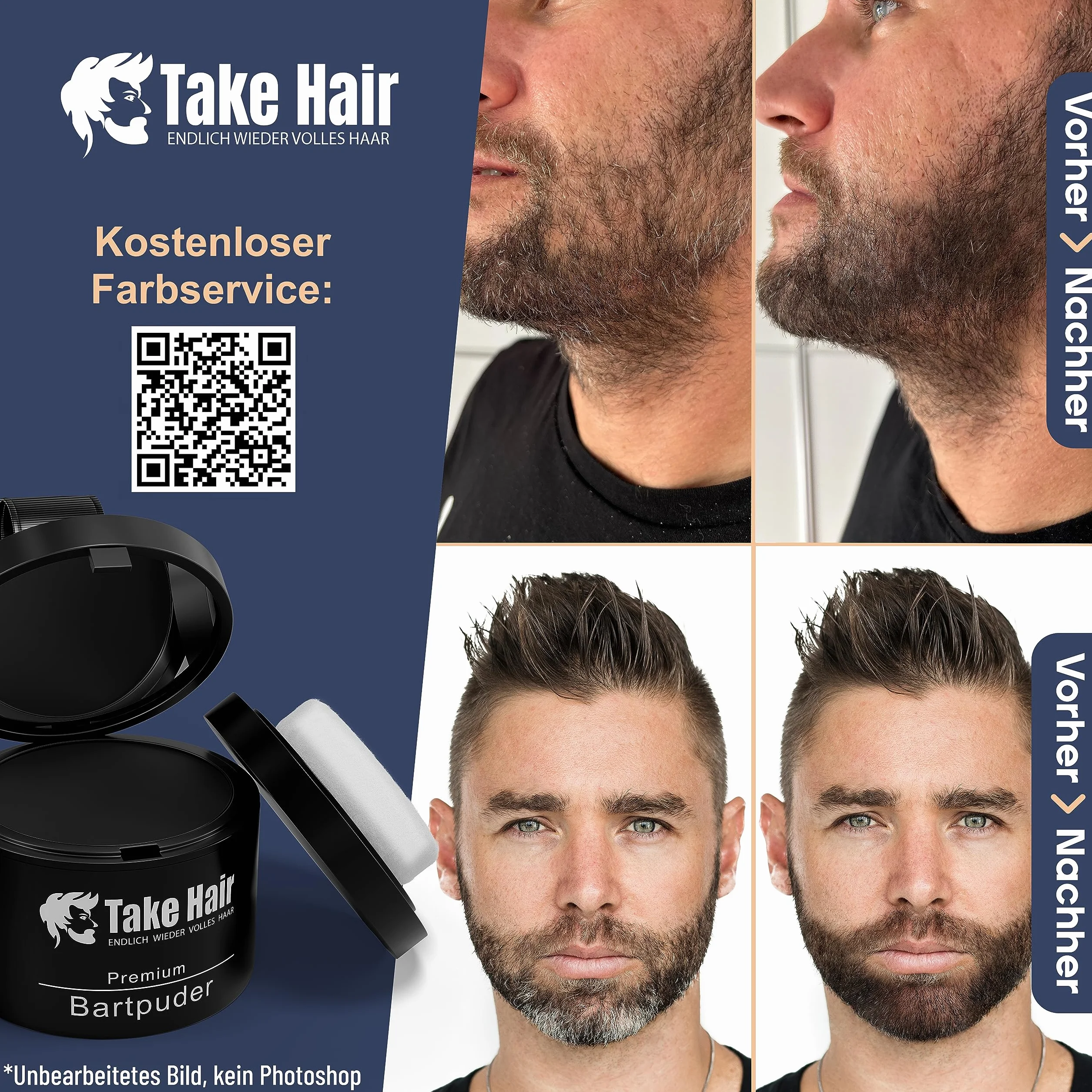 Take Hair barwnik do brody, 100% wodoodporny, puder do brody, 4 g dla pełniejszej brody, barwnik do brody, szara pokrywa, zagęszczacz do brody, zagęszczacz do brody, średni brąz)