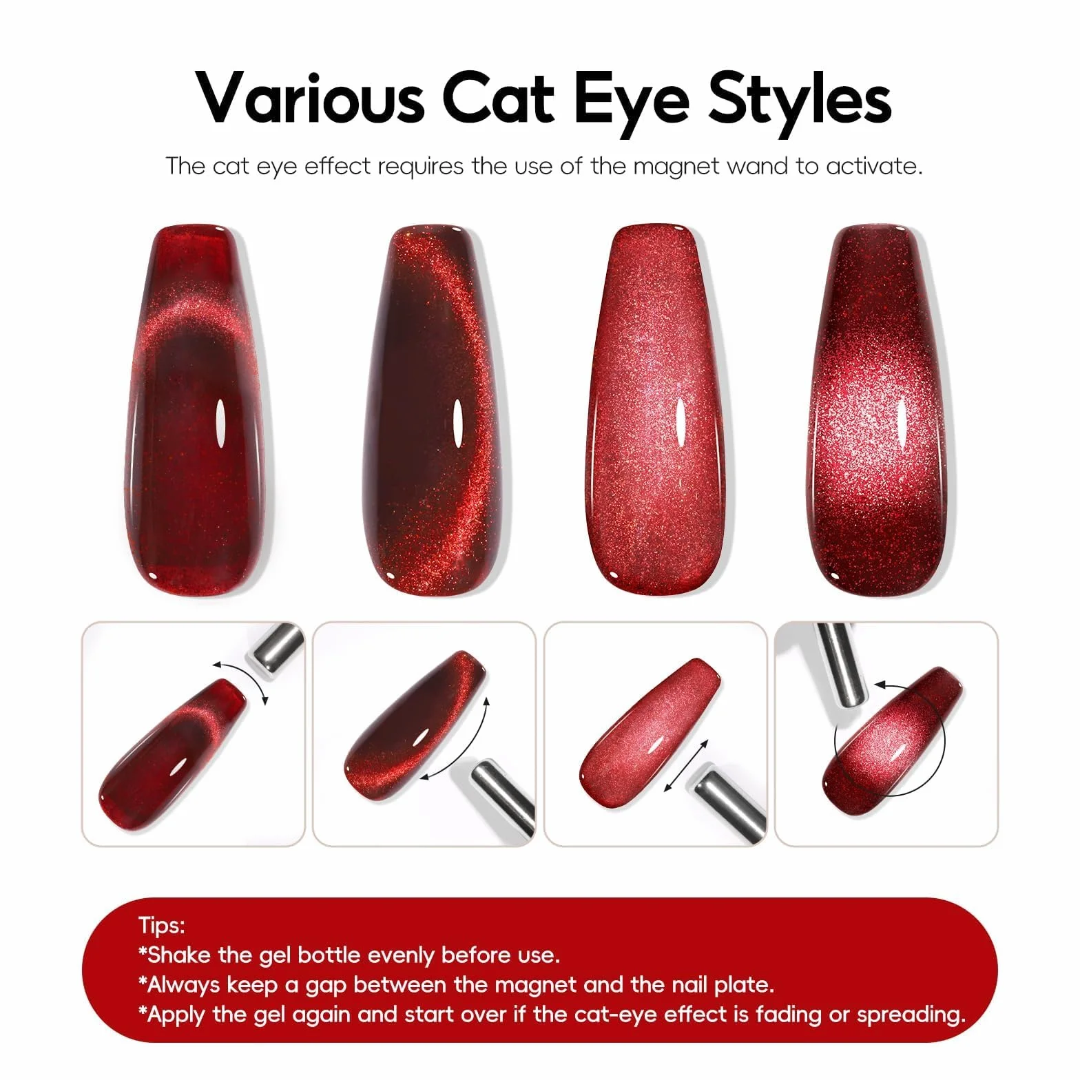PEACECOLOR 6 sztuk lakieru do paznokci UV Cat Eye czerwony, lakier do paznokci UV z brokatem, żel Cat Eye z magnesem, manicure DIY 10 ml