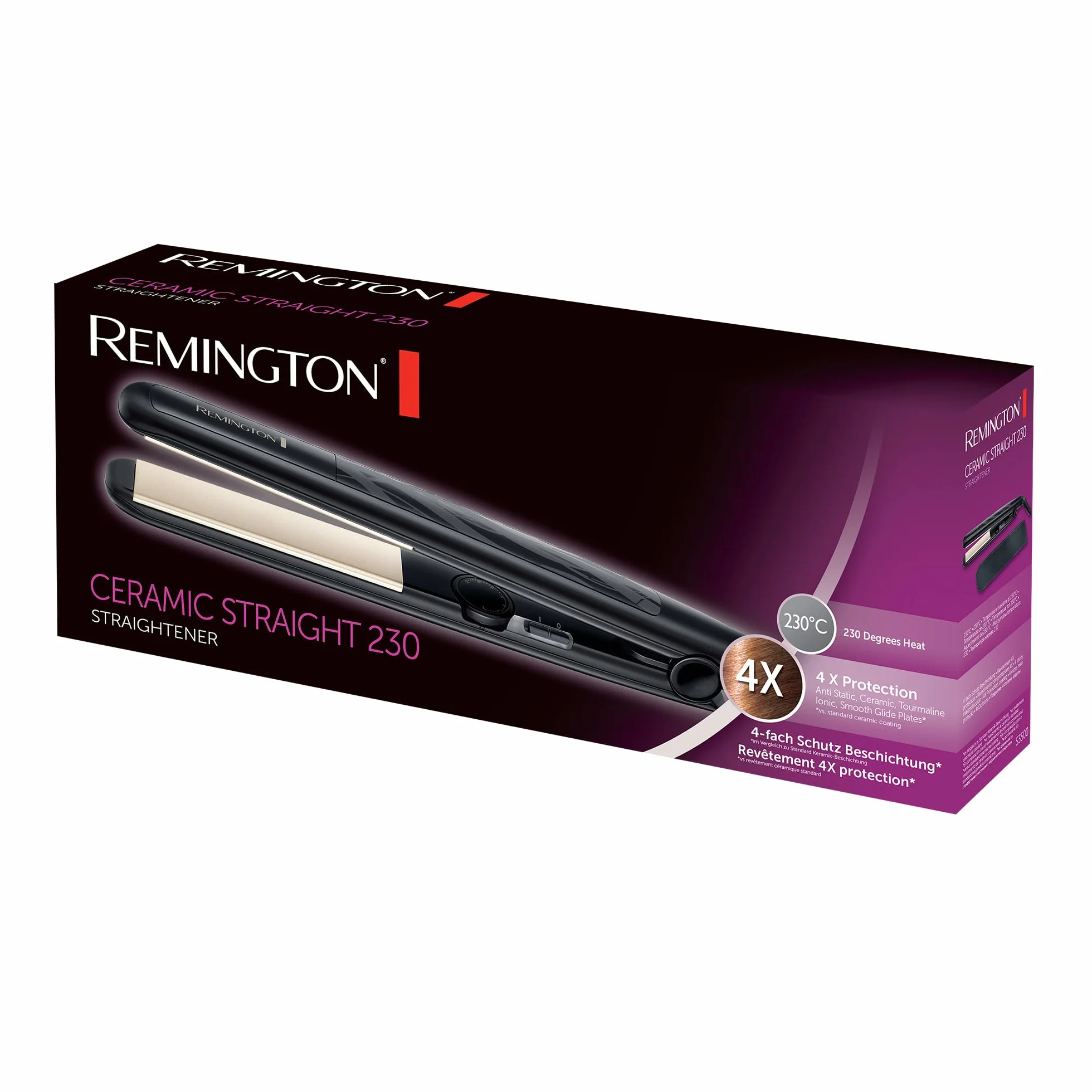 Remington prostownica do włosów z jonizacją, powłoka ceramiczno-turmalinowa, 4x ochrona włosów, zakres temp. 150-230°C, obrotowy przewód 1.8m, etui, moc 40W, czarna, Ceramic Slim S3500