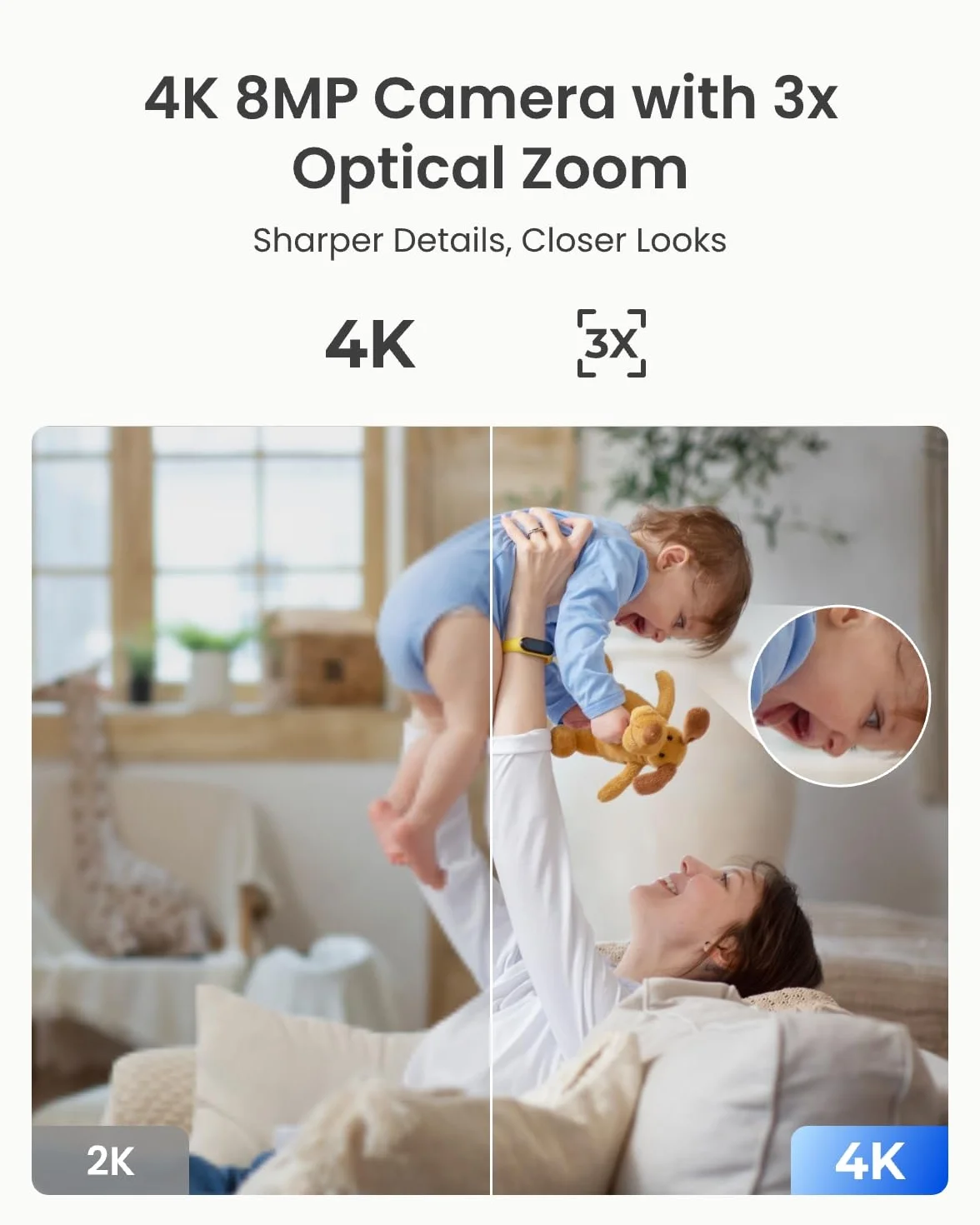 Wewnętrzna kamera bezpieczeństwa Reolink 4K PT, 3-krotny zoom optyczny, automatyczne śledzenie, wykrywanie osób/zwierząt, wykrywanie płaczu, tryb prywatności, konfiguracja Bluetooth, E1 Zoom Czarny
