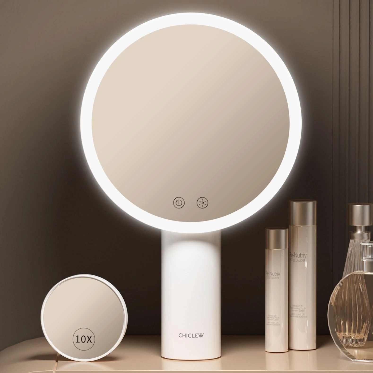 CHICLEW Podświetlane lusterko do makijażu z 3 kolorami, powiększające lusterko kosmetyczne z ekranem dotykowym 1X/10x, ładowalne, podświetlane lusterko z regulowanym stojakiem, ściemniane lusterko