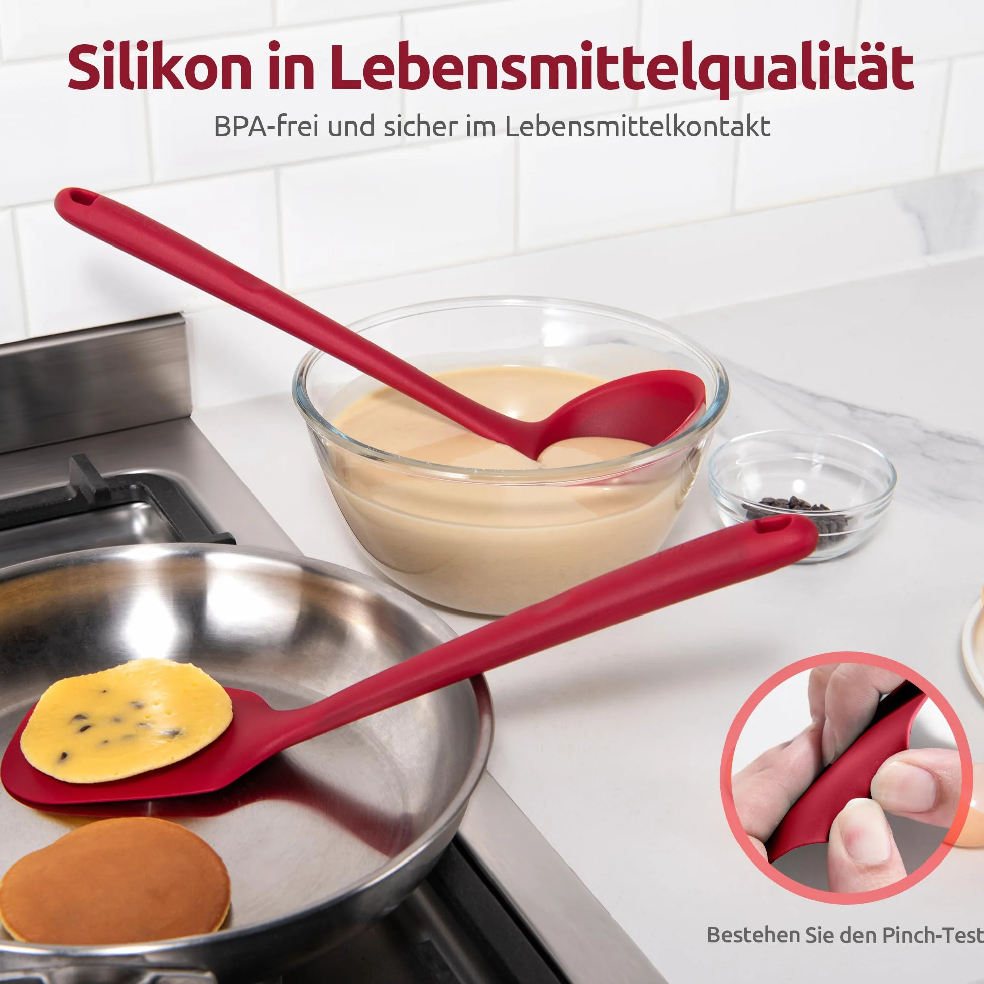 U-Taste Zestaw silikonowych przyborów kuchennych: Odporne na temperaturę 230°C długie przybory kuchenne niezawierające BPA nieprzywierające akcesoria kuchenne do mieszania (5 sztuk, Czerwony)