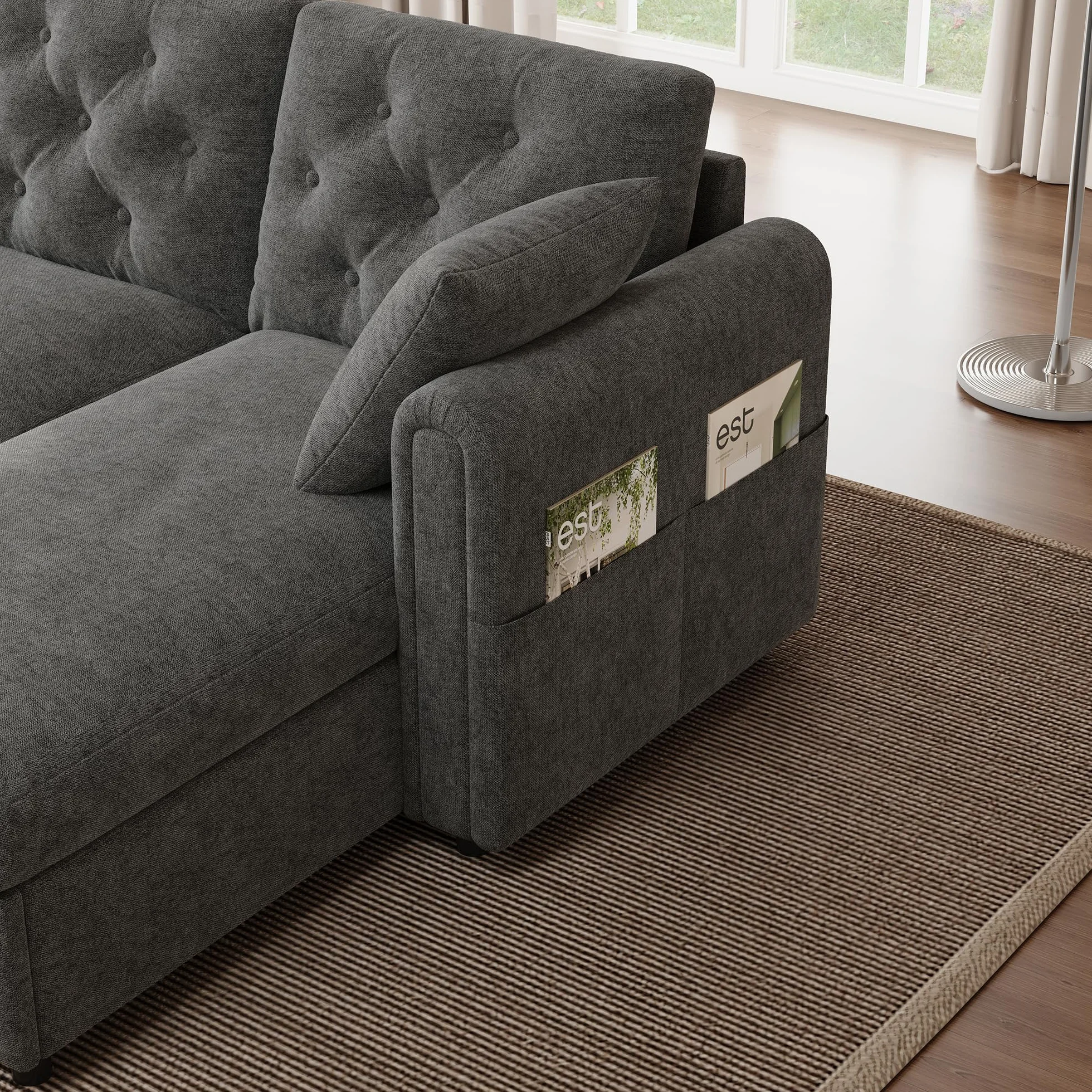 Aksamitna sofa L-kształtna z miejscem do przechowywania, regulowana, szara