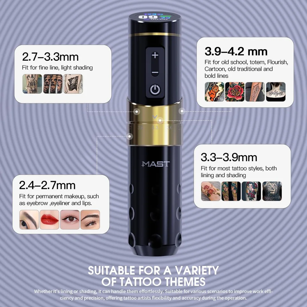 Mast Flip3 Wireless Tattoo Machine Gun Rotary Tattoo Cartridges Pen with 7Adjustable Strokes 2.4mm - 4.2mm with 2ps 1800mAh Battery Power Supply for Beginners and Tattoo Artist