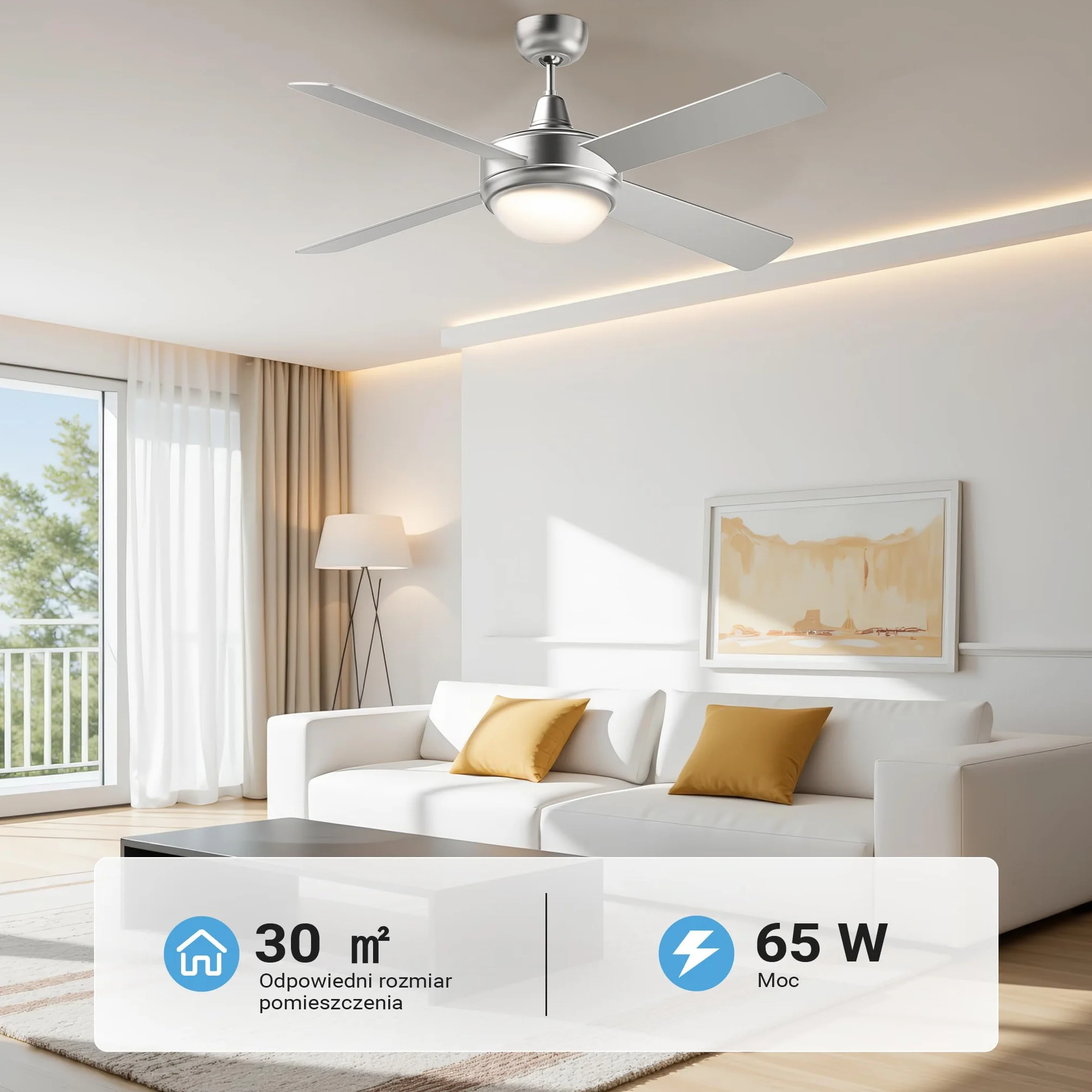 Wiltec Wentylator sufitowy Ø 130 cm z lampą 65 W pilot timer 4 łopatki 3 prędkości tryb letni zimowy