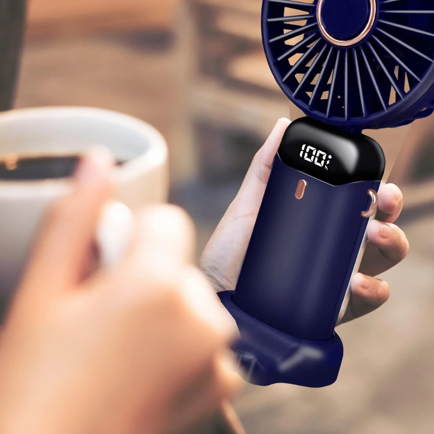 Jsdoin Wentylator ręczny, przenośny ręczny wentylator USB z 5 prędkościami, zasilany bateryjnie, mini wentylator, składany wentylator biurkowy z wyświetlaczem LED, do domu, biura, sypialni, na
