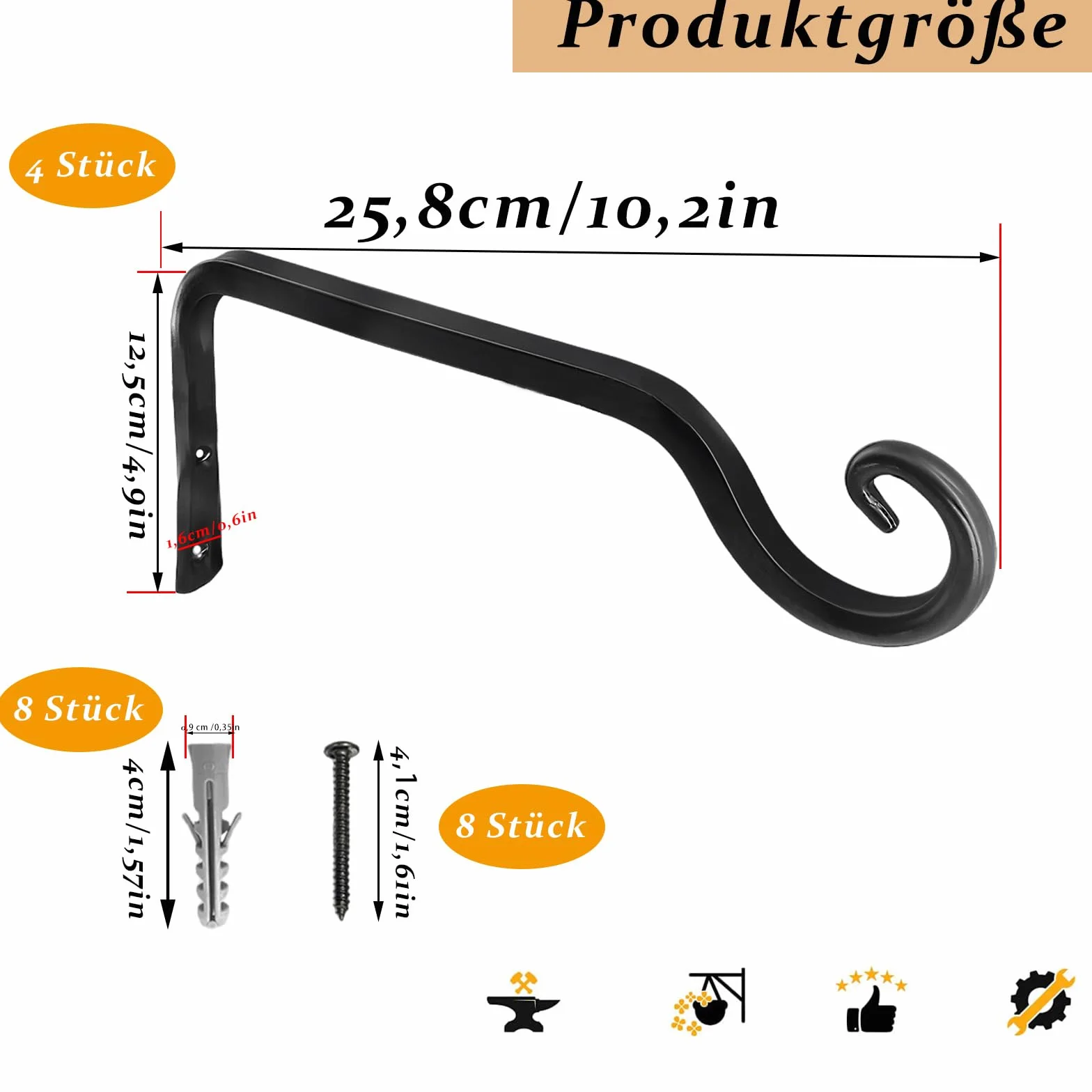 Uchwyt na kwietnik, 4 sztuki, haczyki ścienne, 25,8 cm, żelazny hak ścienny, uchwyt na kwietnik, do zawieszenia roślin na zewnątrz, do domku dla ptaków, latarnia, czarny