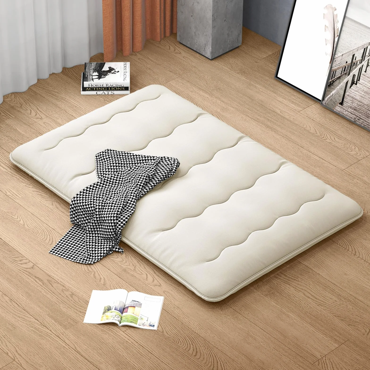GOPLUS Materac podłogowy tatami futon z pokrowcem do prania, materac tatami z torbą do przenoszenia, materac kempingowy, wyściełany materac do sypialni, salonu i na kemping (beżowy, 200 x 140 cm)
