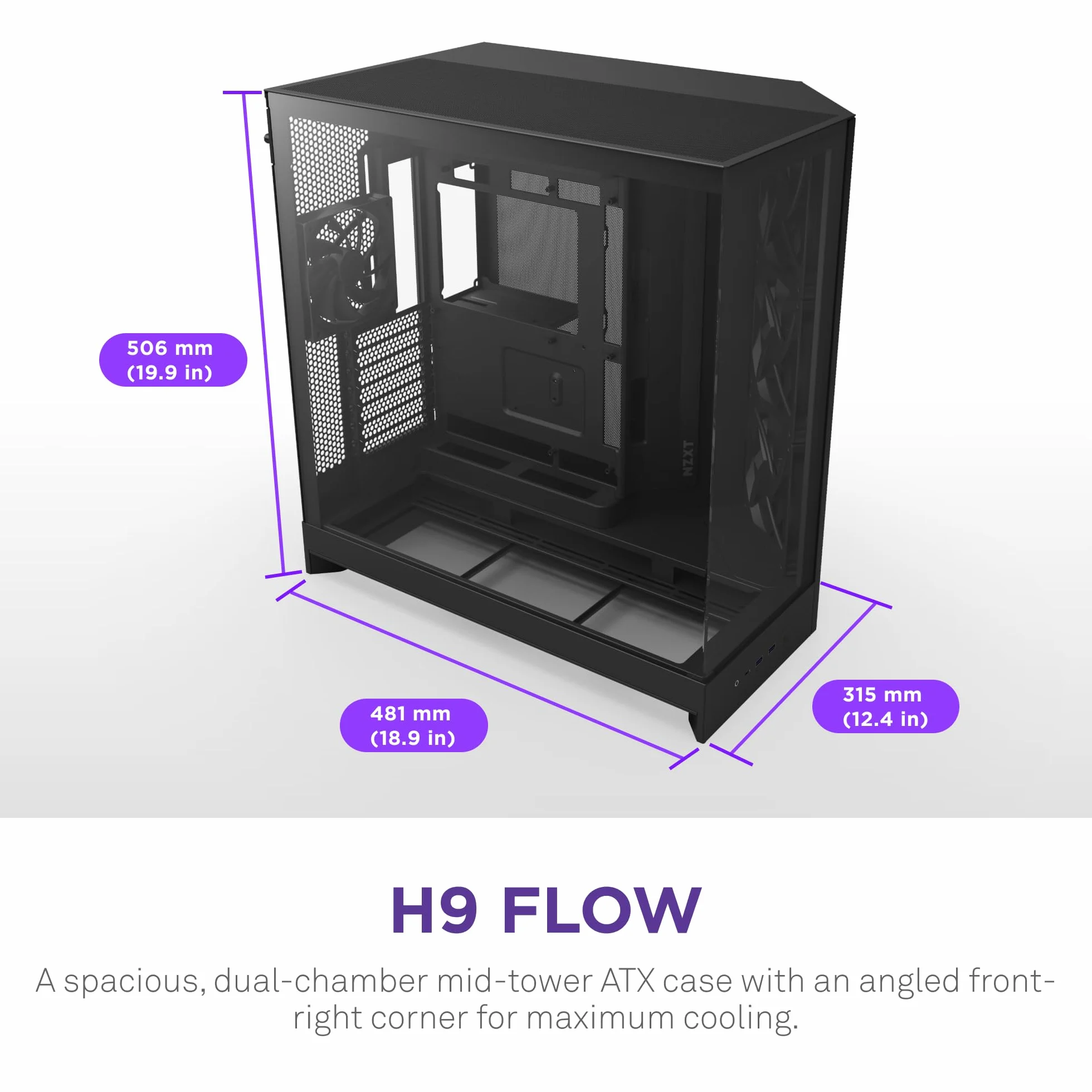 NZXT H9 Flow (2025) – Obudowa ATX mid-tower z podwójną komorą – 3 x 140 mm + 1 x 120 mm fan, chłodnica 420 mm, szkło hartowane, back-connect – Czarna