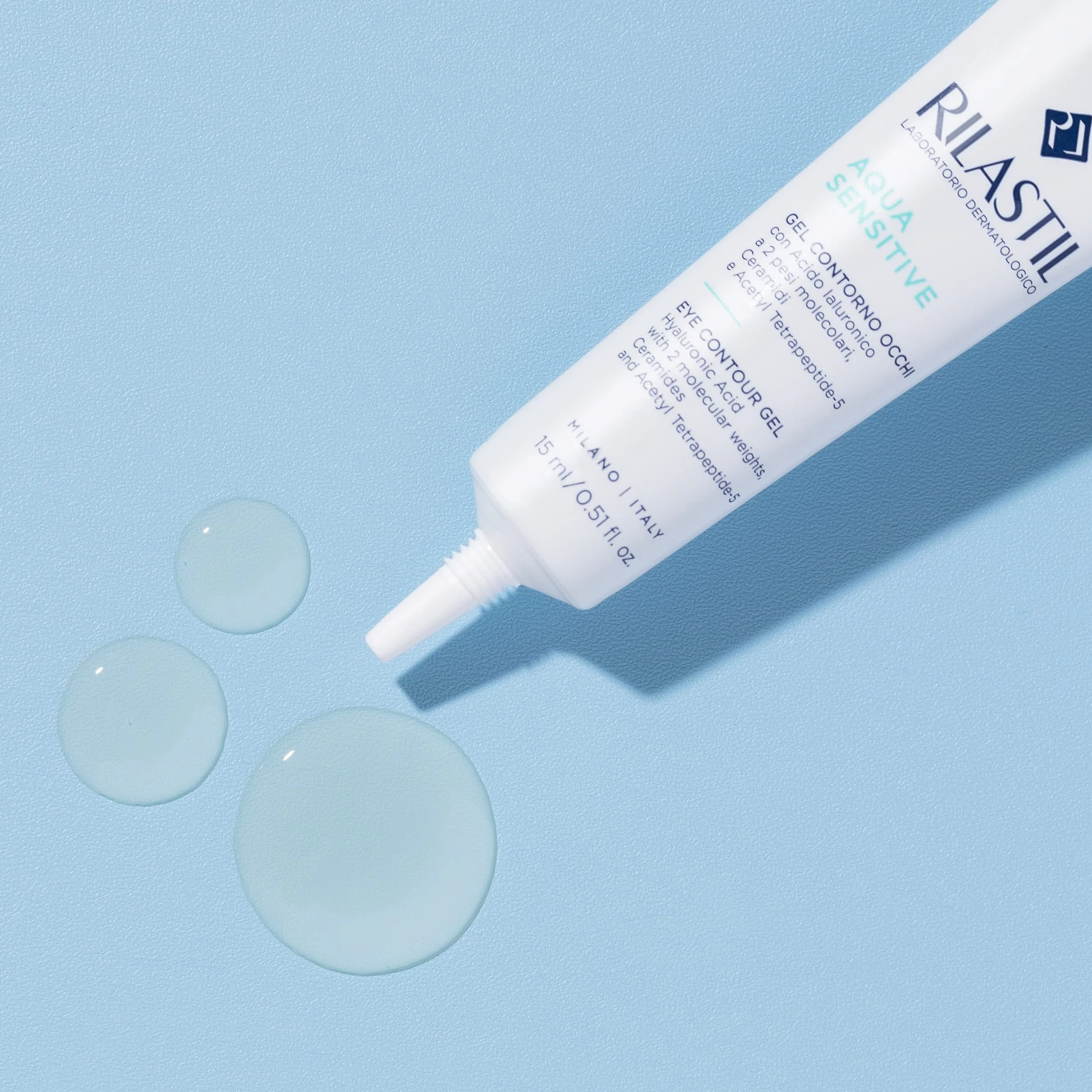 Rilastil Aqua Sensitive żel do konturu oczu, działanie nawilżające, przeciwborowe, przeciwcienie dla wszystkich rodzajów skóry, opakowanie 15 ml