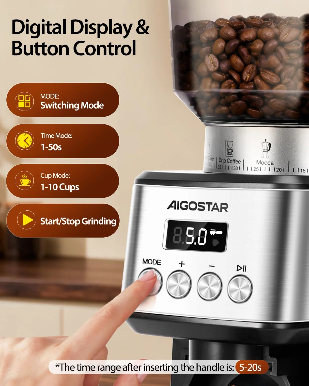 Aigostar Elektryczny Młynek do Kawy z 52 Stopniami Mielenia, Młynek Stożkowy Nadający się do Espresso, Profesjonalny Elektryczny Młynek do Kawy z Precyzyjnym Wyświetlaczem Cyfrowym