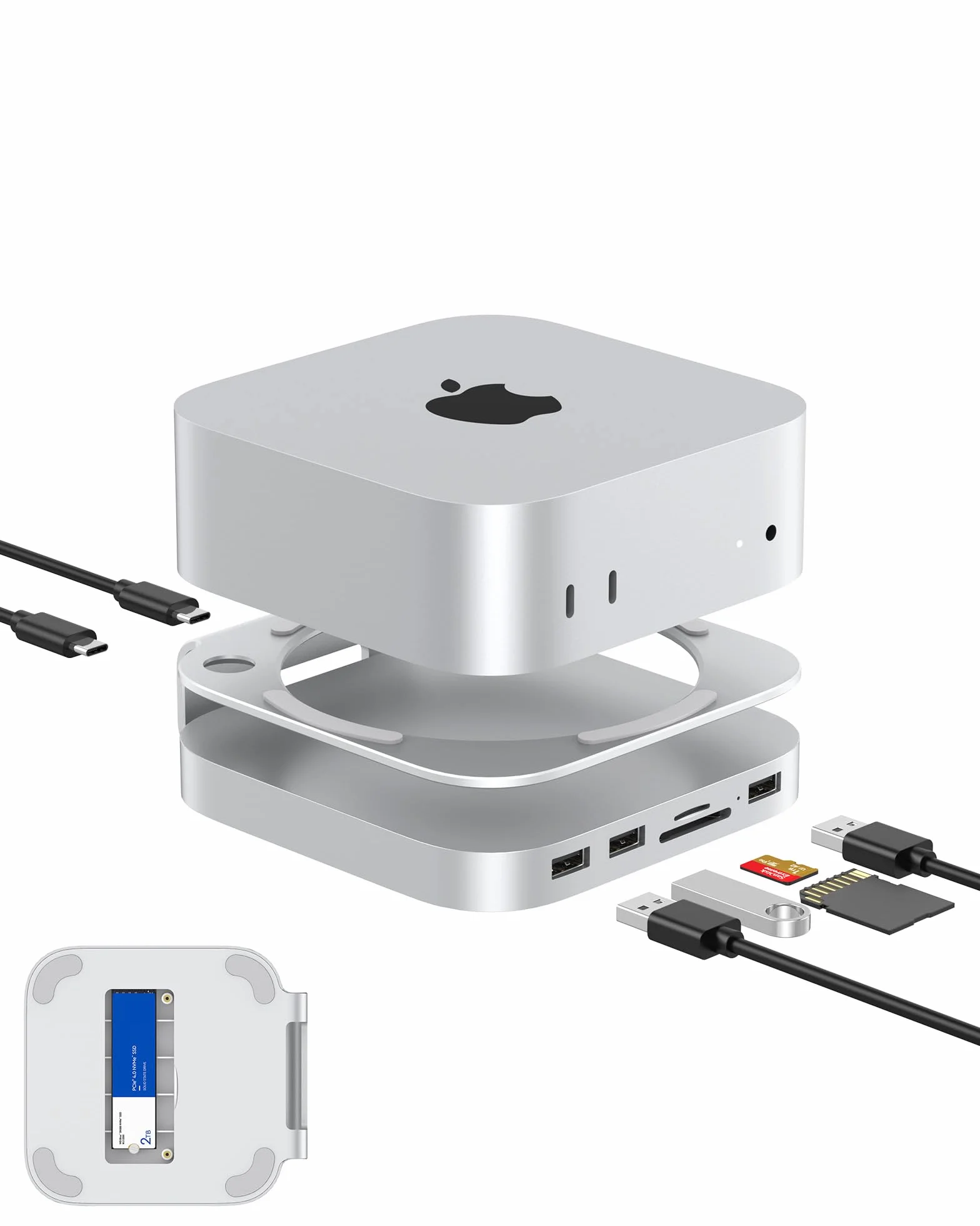 Mac mini M4 Dock, aluminiowy stojak i hub Mac mini do Mac mini M4 i M4 Pro 2024 z obudową M.2 NVMe SSD, 2 x USB-A 10 Gb/s, czytniki kart SD/TF, dane USB 2.0 (srebrny)│Akcesoria