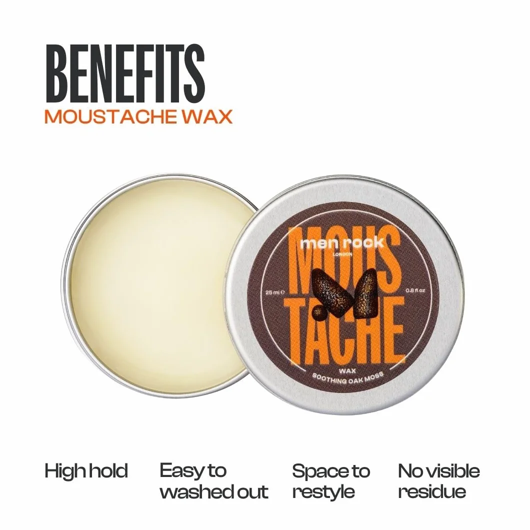 Men Rock Soothing Moustache Wax, Perfect to Shape, Style and Tame Unruly Hairs, Promotes Softer Hair Growth, Enriched with Argan Oil to Moisturise Skin, Fresh and Earthy Oak Moss Fragrance 25ml