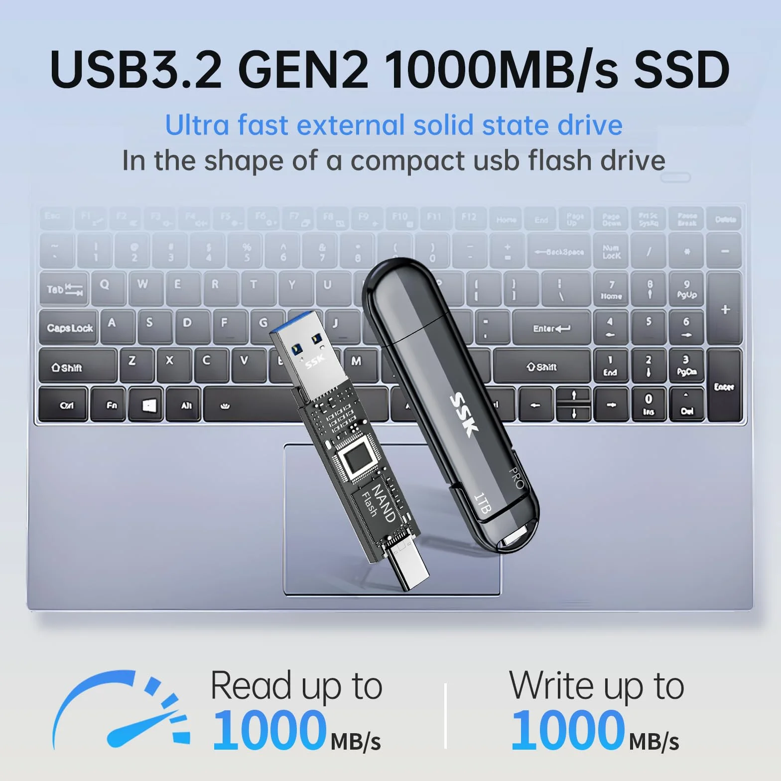 SSK Zewnętrzny dysk SSD 1TB, USB 3.2 Gen 2 Przenośny dysk SSD prędkość do 1000 MB/s, podwójny USB C i zewnętrzny dysk półprzewodnikowy do iPhone'a 15/16/17-Series/PS4/Android Telefon / Tablet/Windows