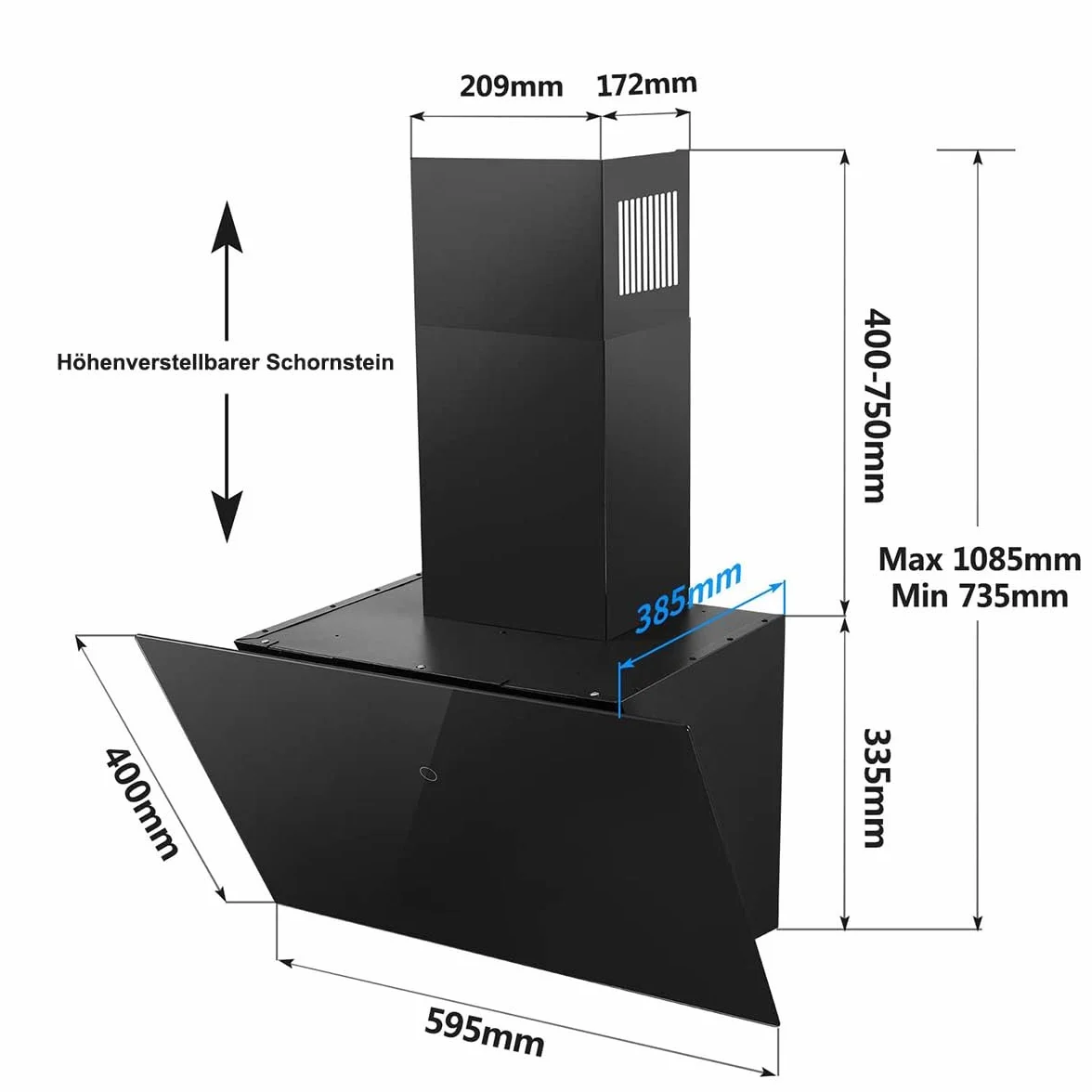 Okap kuchenny 60 cm 550 m³/h A++ z filtrami węglowymi, sterowanie dotykowe, czarny