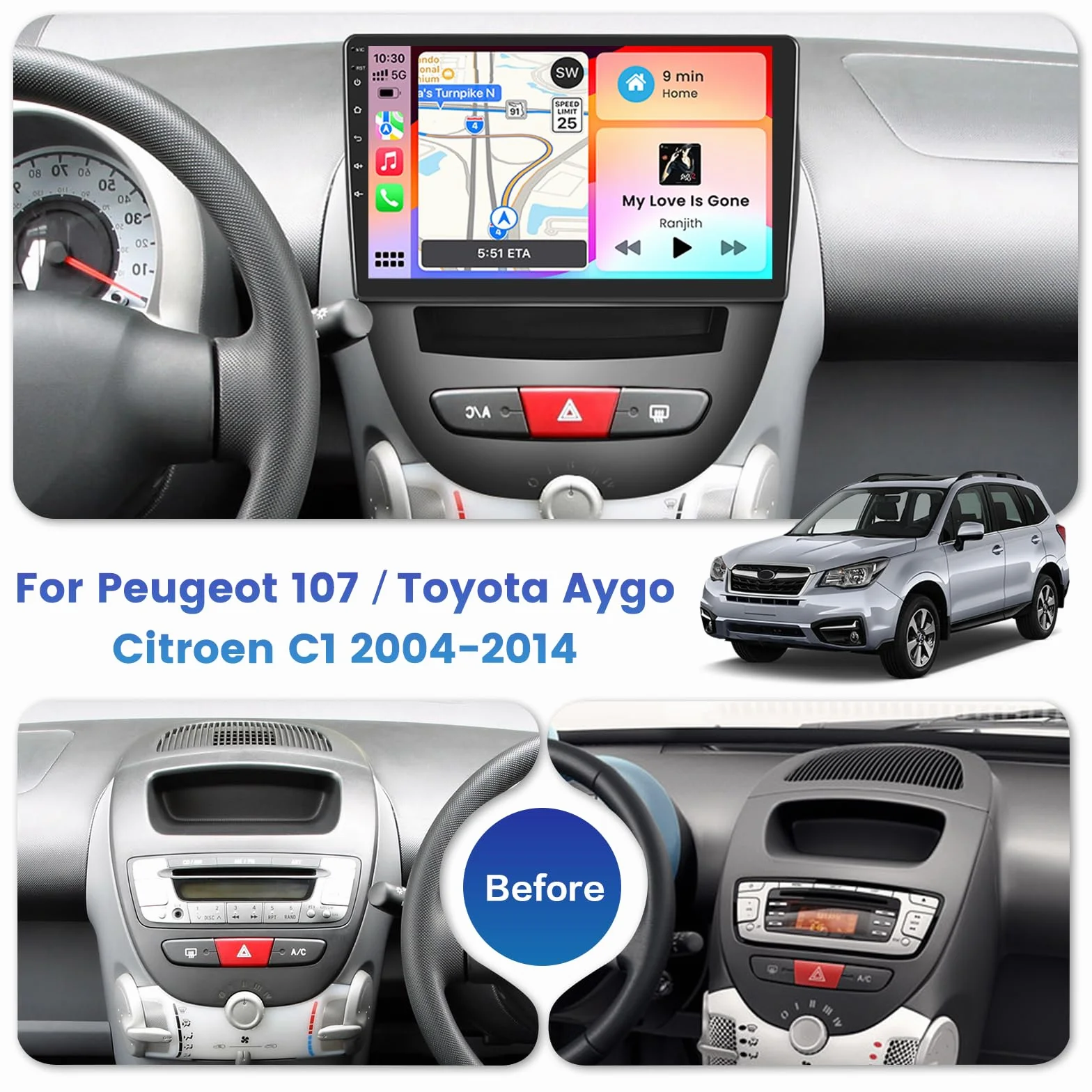 Inefala 2G+64G Android Car Stereo do Peugeota 107/Toyoty Aygo/Citroena C1 2004-2014, 10-calowy ekran dotykowy Bluetooth Car Stereo z bezprzewodową funkcją CarPlay i Android Auto GPS/WiFi/RDS/mikrofon