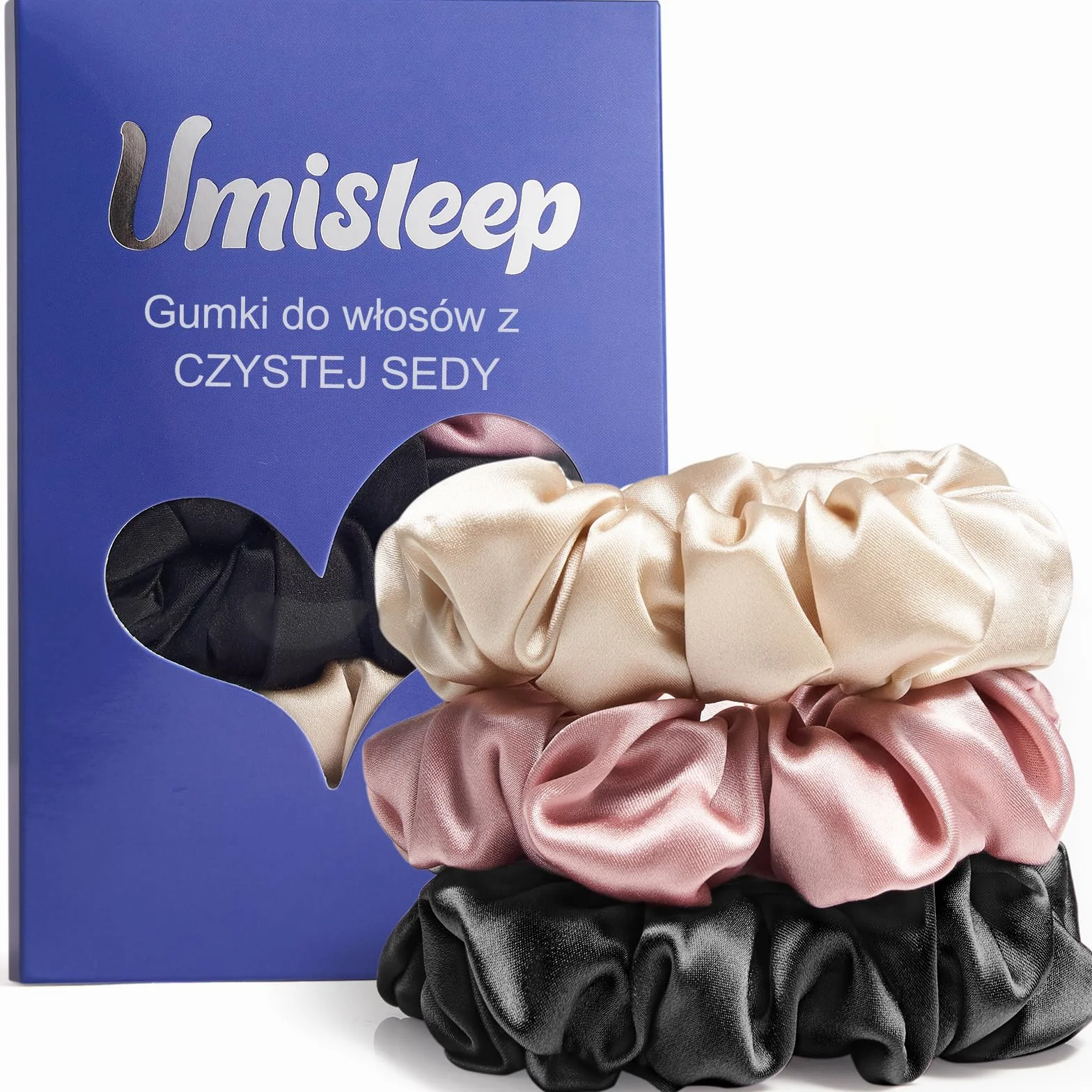 Umisleep 3-częściowy zestaw 100% Mulberry Silk Scrunchies dla kobiet, delikatne gumki do włosów dla mniej puszenia się włosów i łamania włosów, elastyczne gumki do włosów bez odcisków (różowe, czarne
