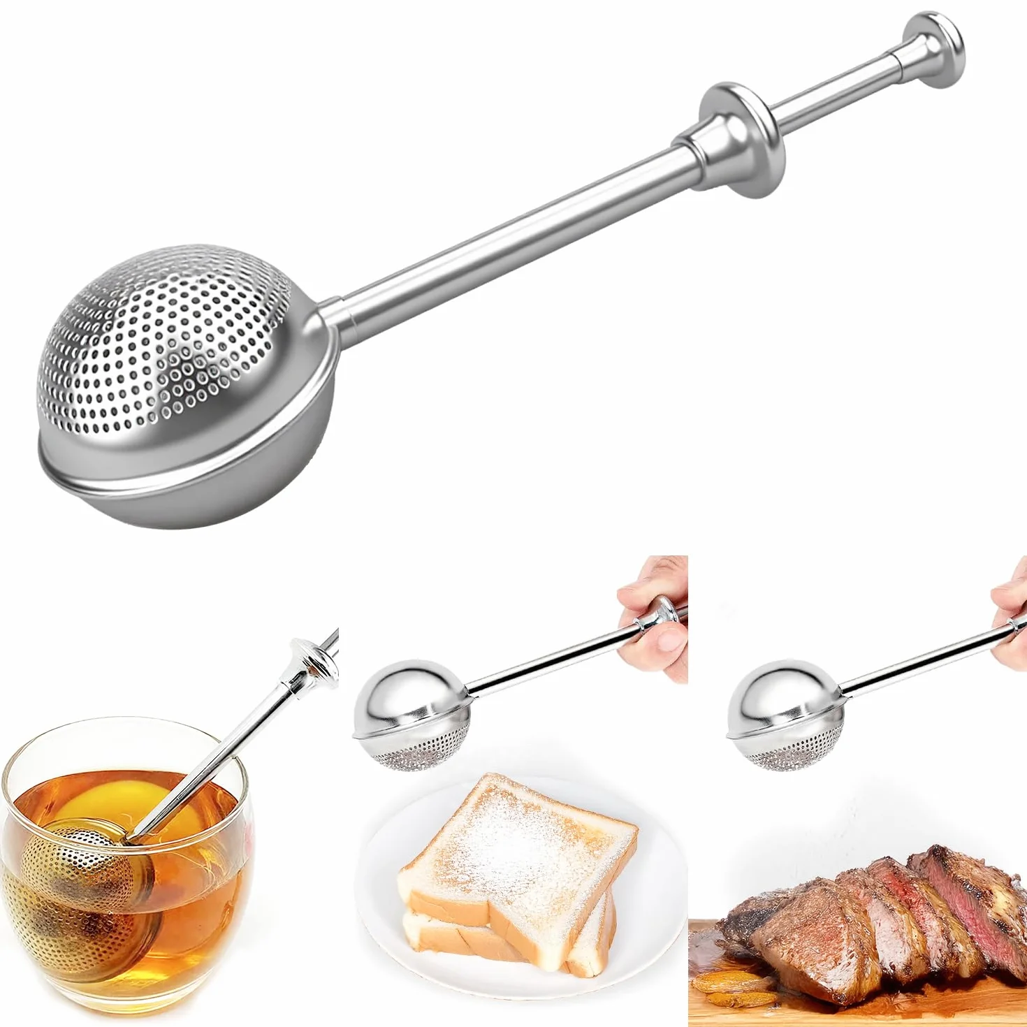 Miotełka do kurzu do mąki do pieczenia, cukier puder z uchwytem, ze stali nierdzewnej, cukier pudrowy, miotełka do wyrobów piekarniczych, do herbaty sypkiej, kakao, cukru