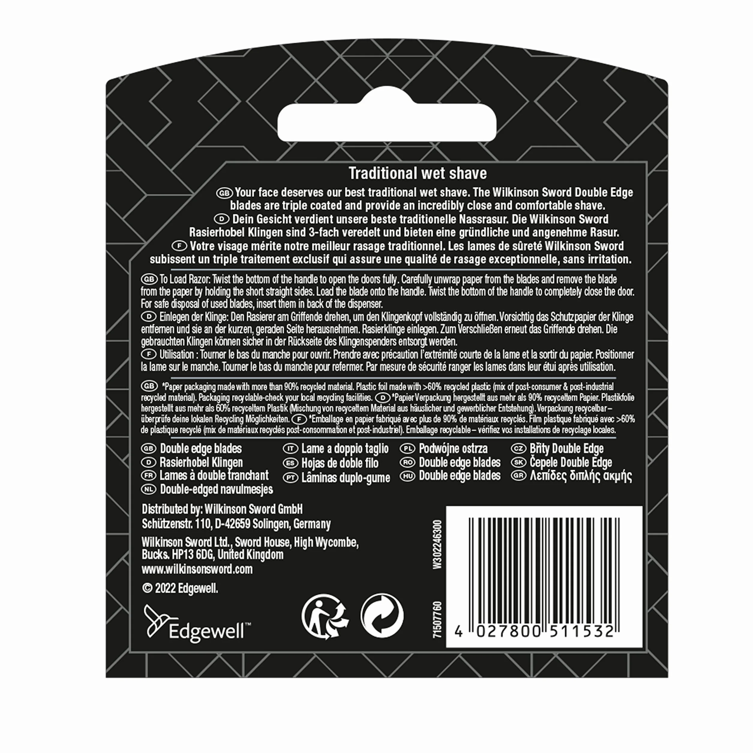WILKINSON SWORD - Podwójne krawędzie dla mężczyzn | Ostrza bezpieczeństwa ze stali nierdzewnej premium | 10 x wkłady do żyletki