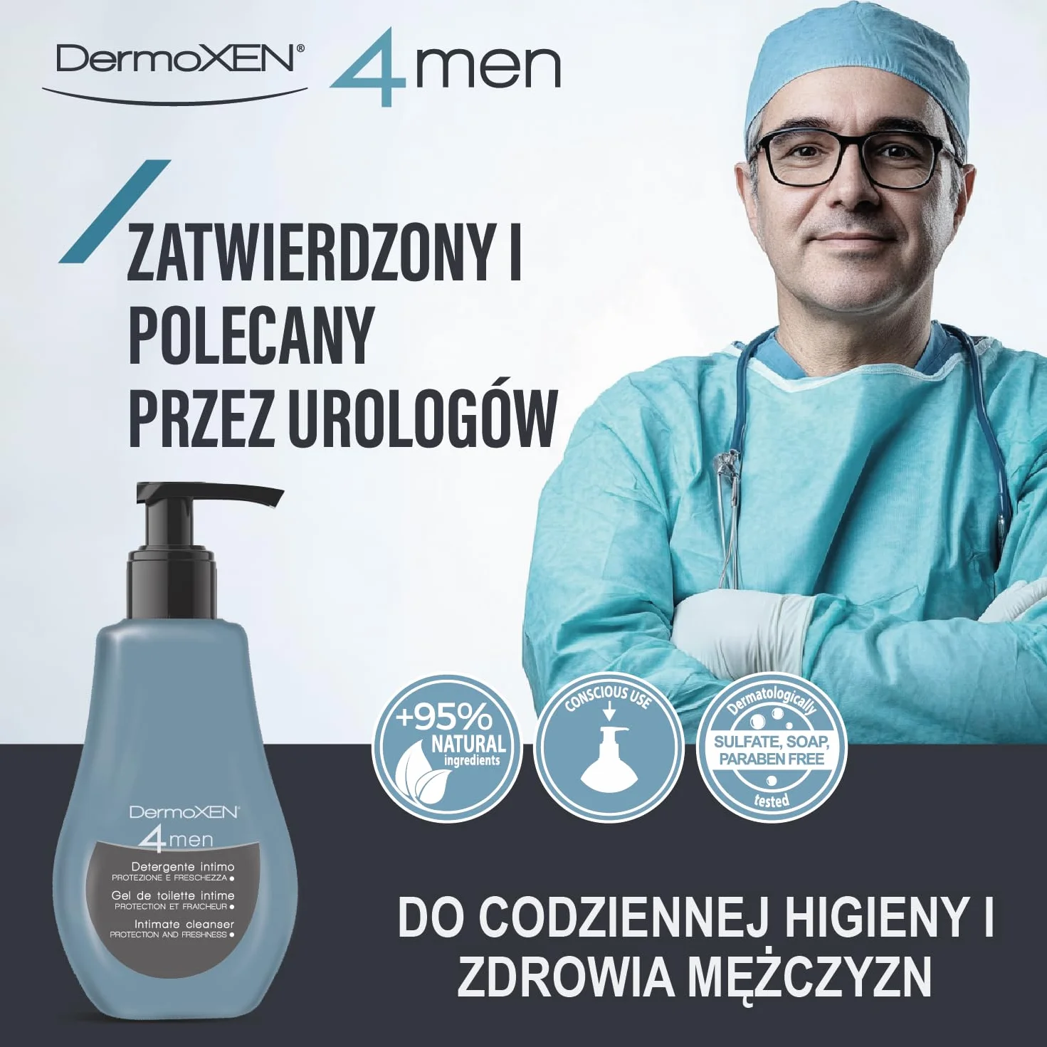 DermoXEN 4MEN Żel do higieny intymnej dla mężczyzn z mentolem i włóknami prebiotycznymi | Naturalny płyn intymny | Pielęgnacja intymna | pH 4.8 | 125 ml