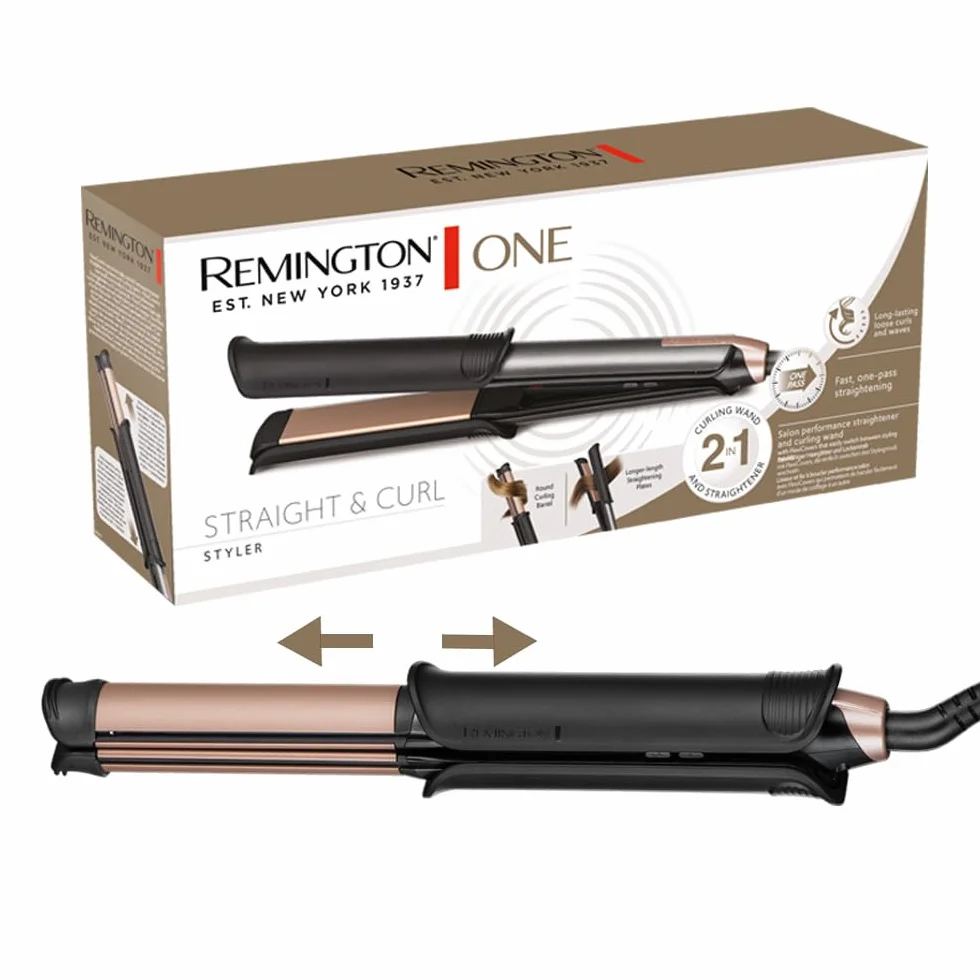 Remington prostownica do włosów i lokówka (2w1), łatwe przełączanie trybu prostowania/kręcenia dzięki nakładką FlexiCovers, temp. 150-230°C, wyświetlacz cyfrowy, ONE Straight & Curl Styler S6077