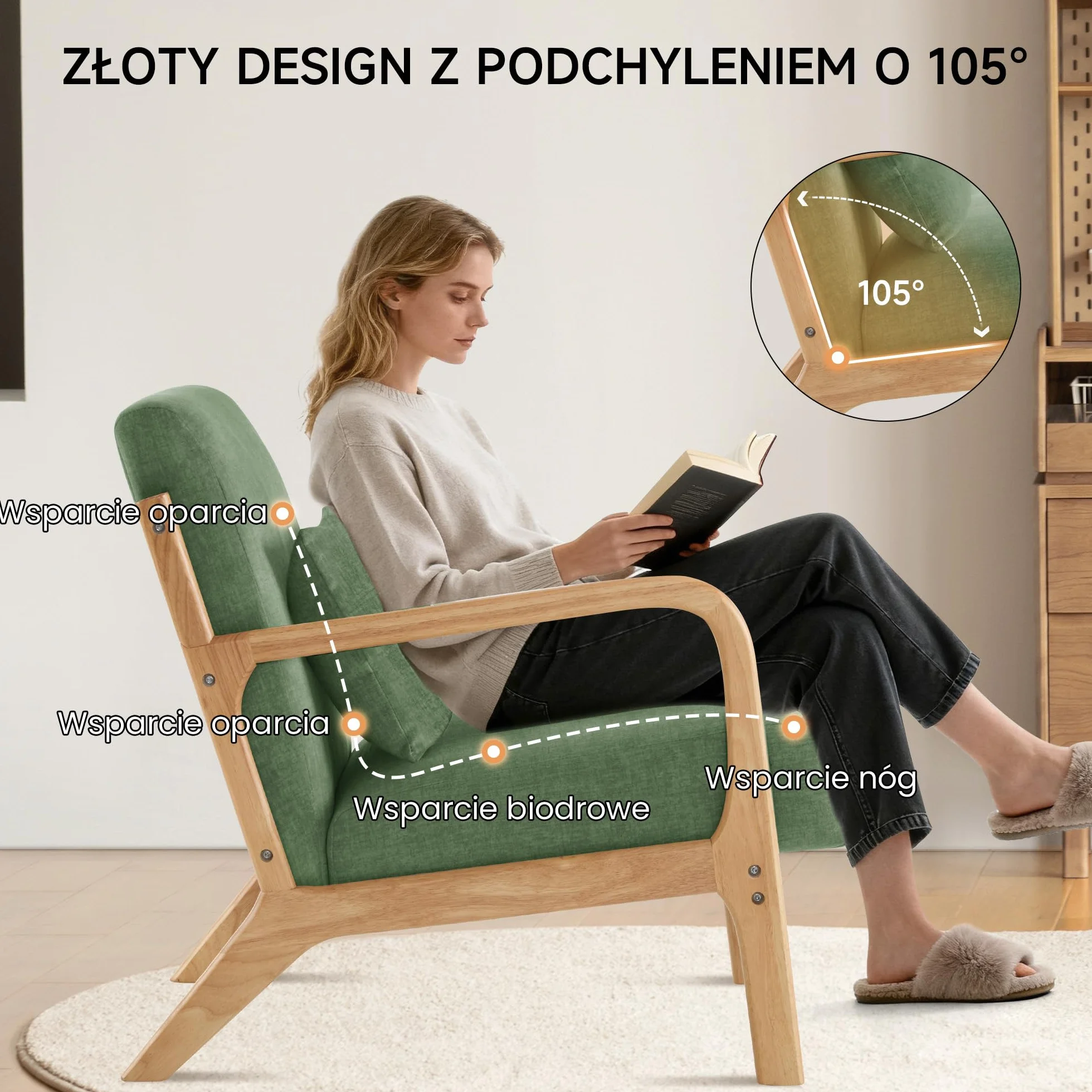 Fotel akcentujący z poduszką i podłokietnikami, drewniana rama, tapicerowany, styl połowy wieku, zielony
