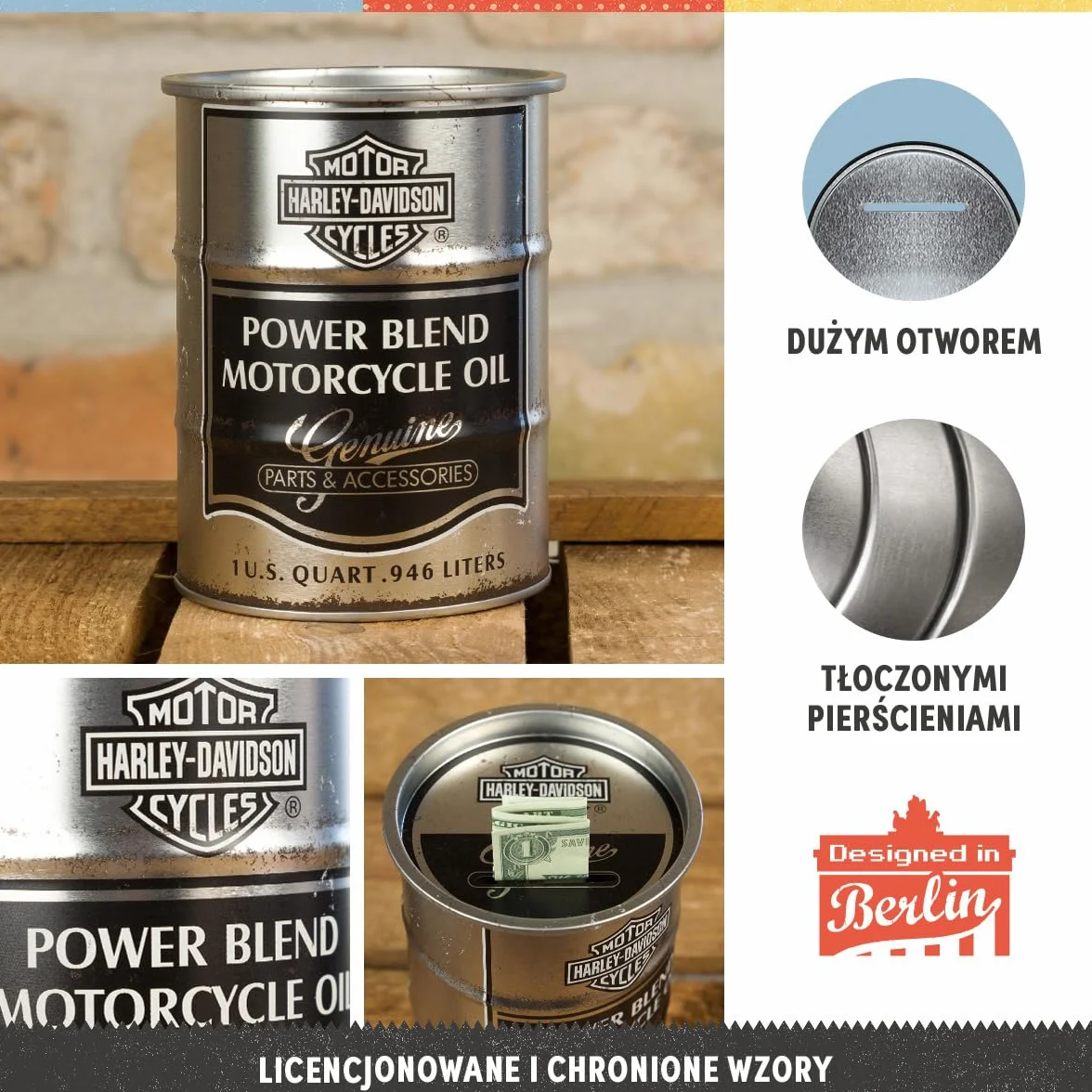 Nostalgic-Art Retro skarbonka, 600 ml, Harley-Davidson – Power Blend Oil – Pomysł na prezent dla motocyklistów, Official License Product (OLP), metalowa skarbonka, Styl vintage