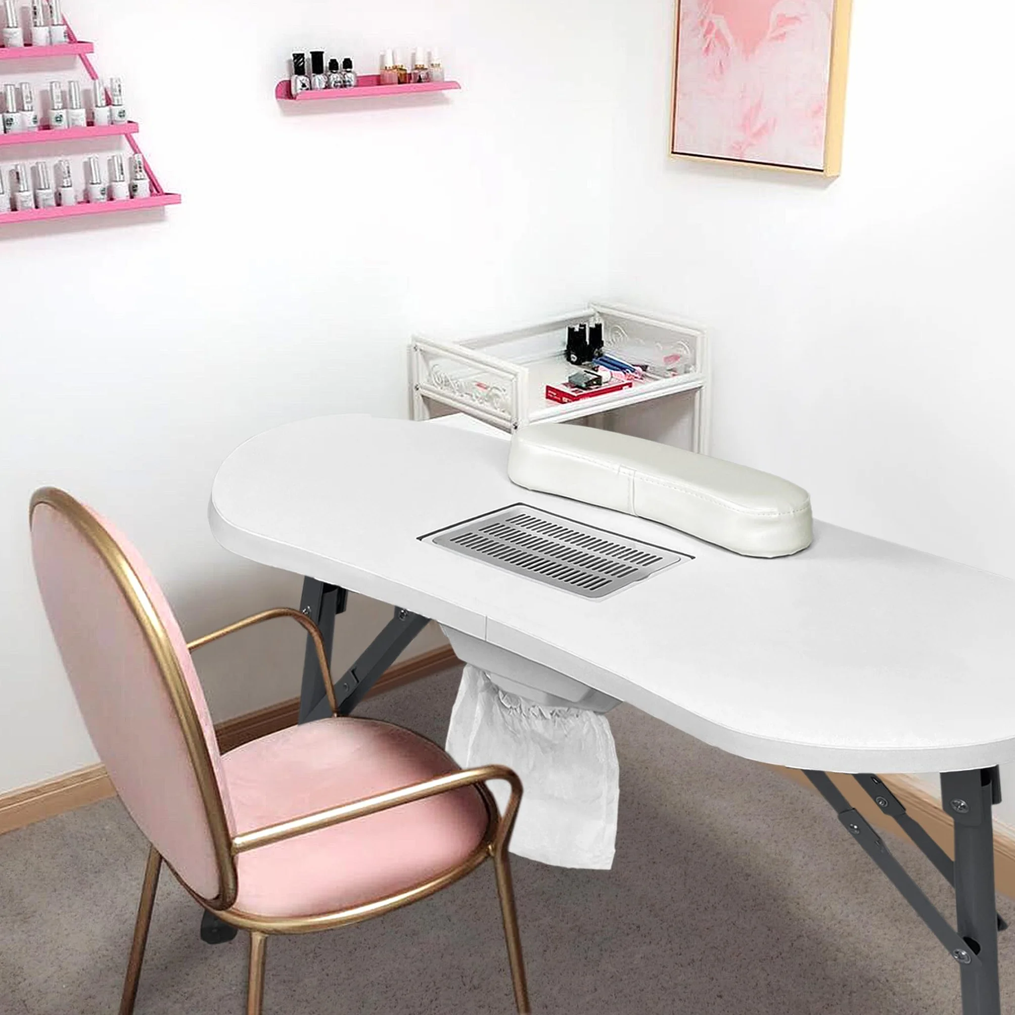 Froadp Składany Stół Manicure z Odkurzaczem, Mobilny Stół Studio z Kółkami, Poduszka na Ręce, Szuflada i Torba na Akcesoria, Stół Manicure do Salonu Piękności (Biało)