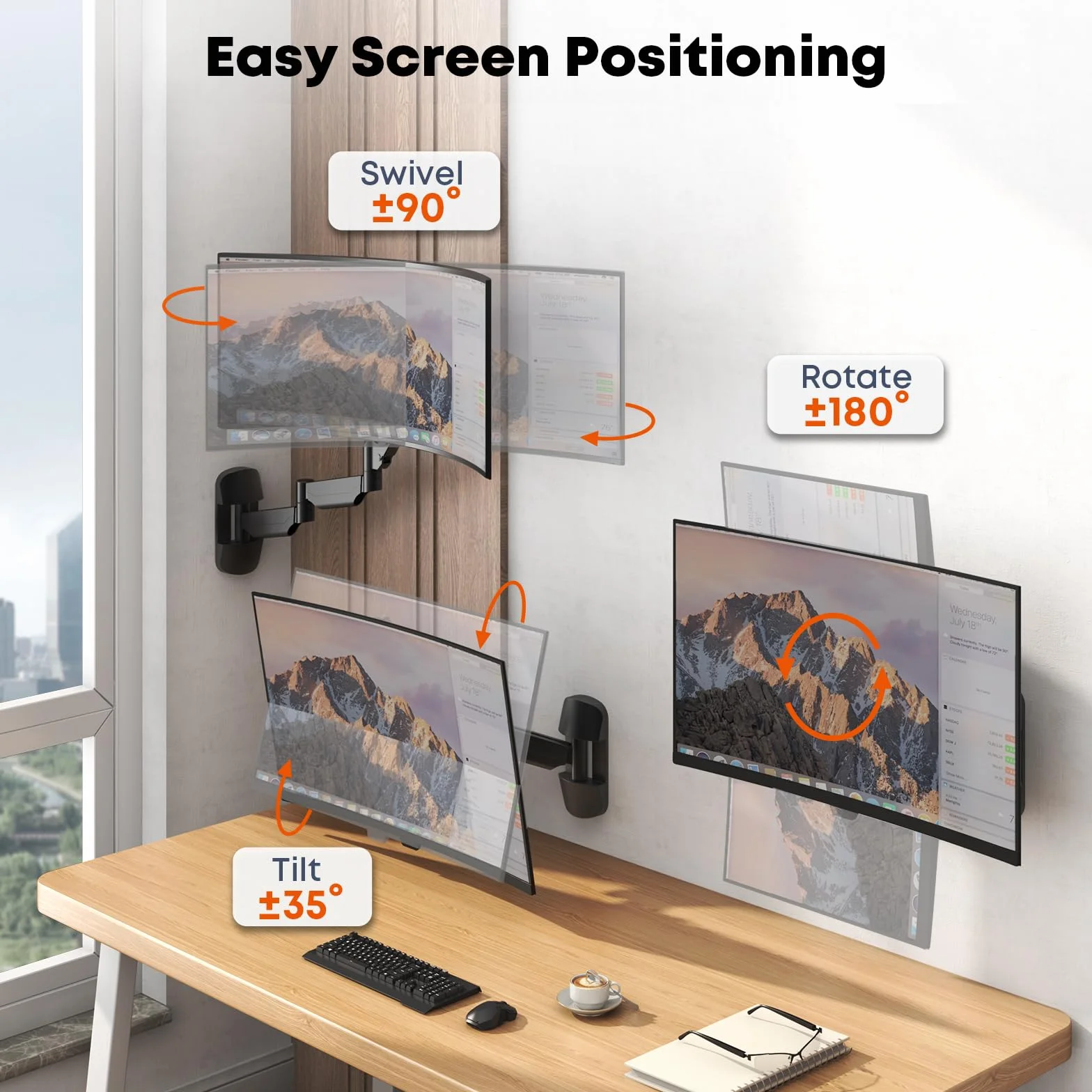 Uchwyt ścienny do monitora 17-32'' - bardzo długie pojedyncze ramię monitora montowane na ścianie, w pełni regulowany uchwyt ścienny Vesa, VESA 75x75/100x100, nośność do 9 kg, czarny