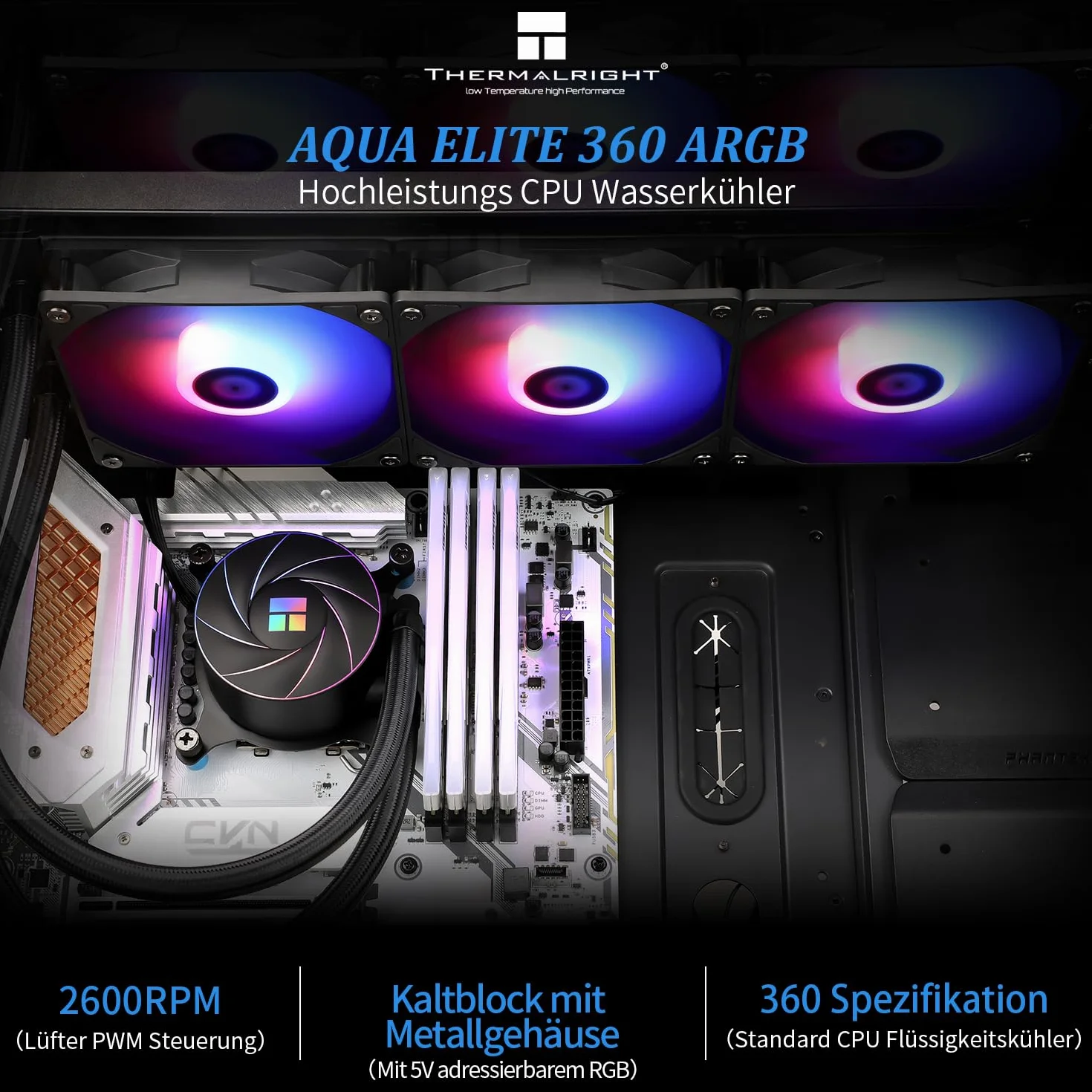 Thermalright AQUA Elite 360 ARGB CPU chłodnica wodna, z 3 wentylatorami PWM 120 mm, prędkość 1550 obr./min, do AMD/AM4/AM5&Intel LGA1150/1151/1200/2011/1700, komputer CPU Aio chłodnica (AE360 ARGB)