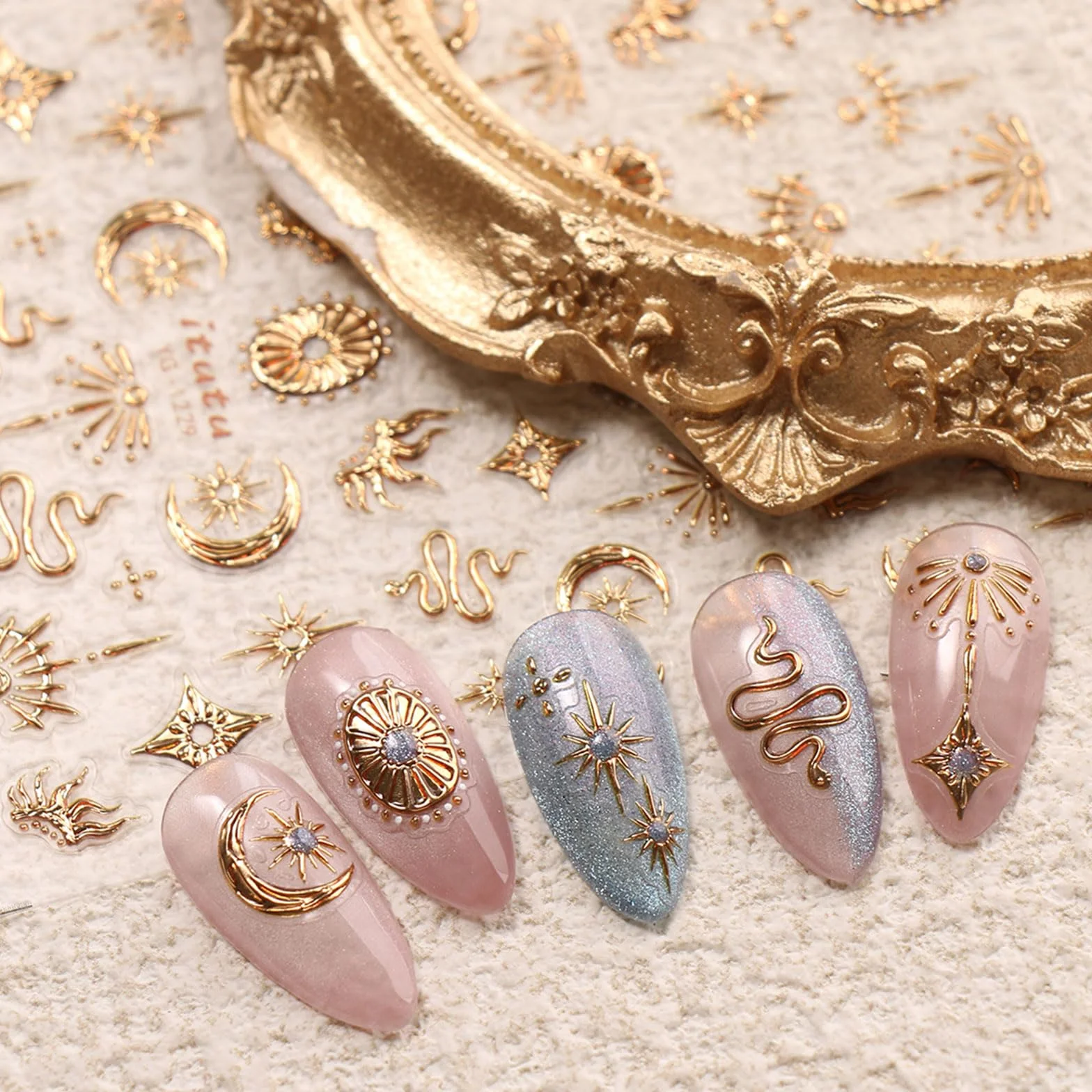 JMEOWIO Naklejki na paznokcie 3D złoty księżyc gwiazda wąż Nail Art Sticker samoprzylepna naklejka na paznokcie 5D stereoskopowa dekoracja akcesoria do stylizacji paznokci 1 arkusz