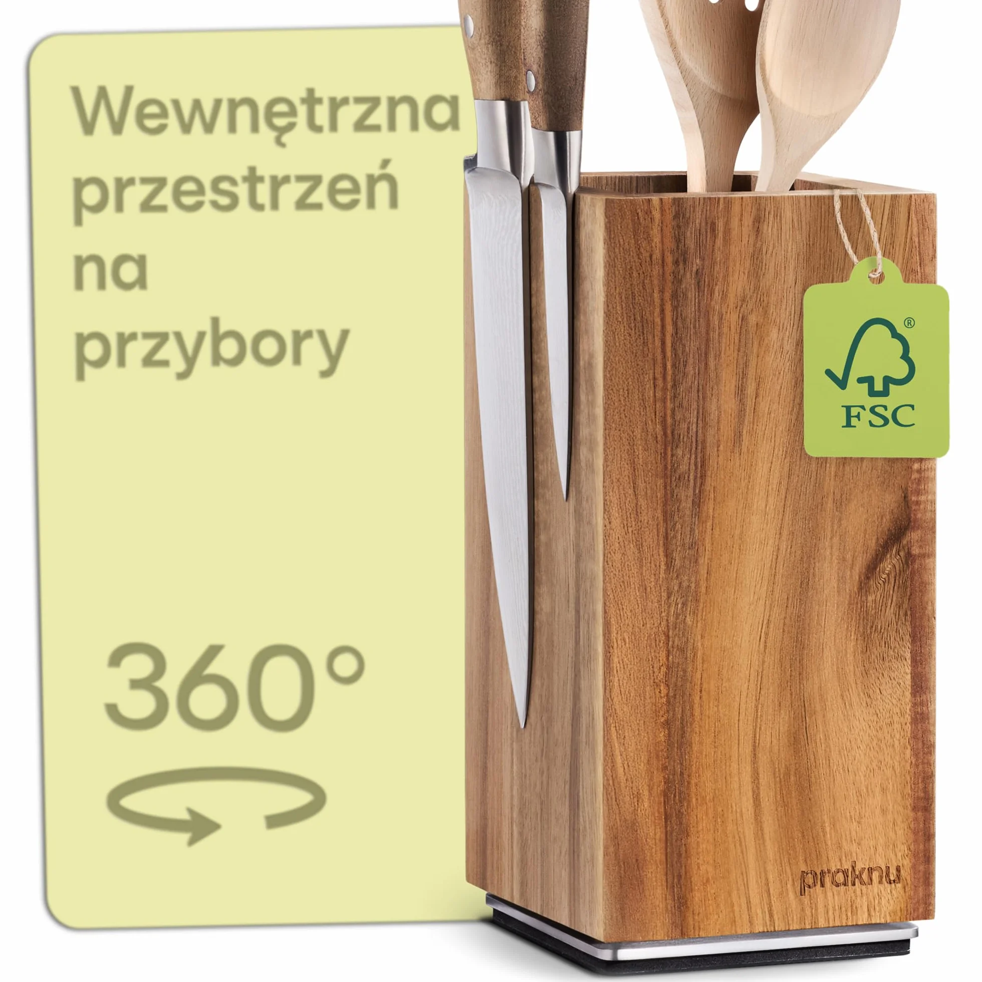 Praknu Magnetyczny Blok na Noże 360° Obrotowy Drewno Akacjowe FSC Silny Magnes Antypoślizgowy