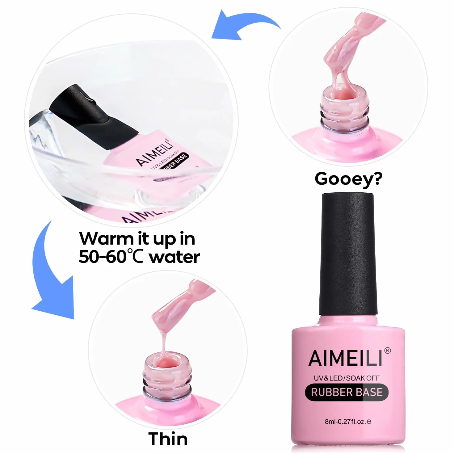 AIMEILI Gumowy żel bazowy lakier do paznokci, błyszczące wykończenie i długotrwały żel budujący lakier bazowy do paznokci Soak Off Nail Art Design - RB1014 8 ml