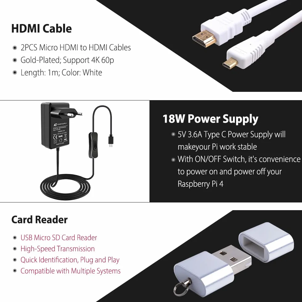 GeeekPi Zestaw startowy dla Raspberry Pi 4 8 ​​GB, płyta Pi 4 8 ​​GB RAM, karta SD 128 GB i karty SD, pasywna konstrukcja aluminiowa, 5 V 3,6 A Netzteil z EIN-/Ausschalter, 2 szt. Kabel HDMI 4K