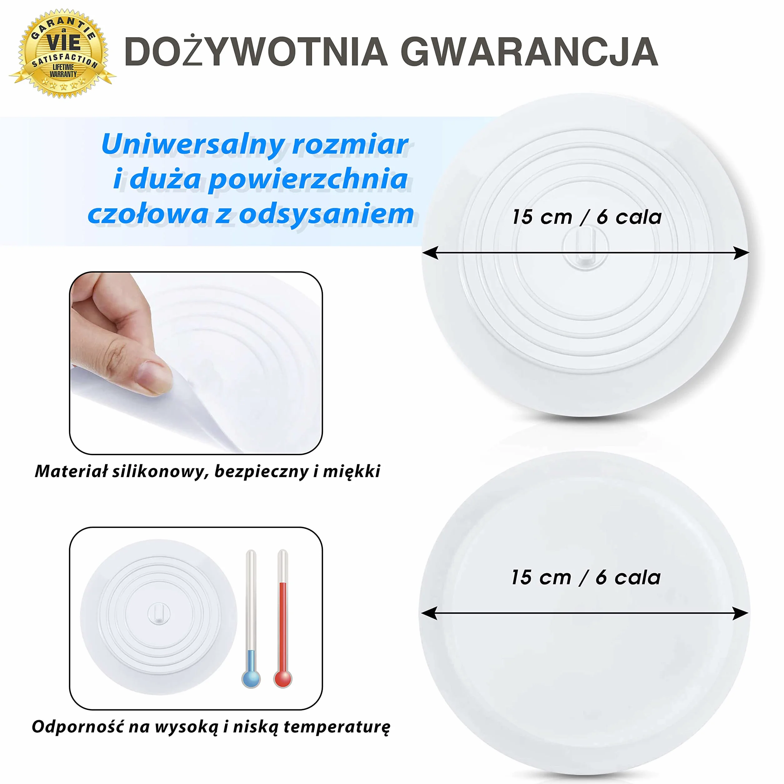 Silikonowy Korek do Umywalki 15.2 cm Biały Wodoszczelny Gumowy