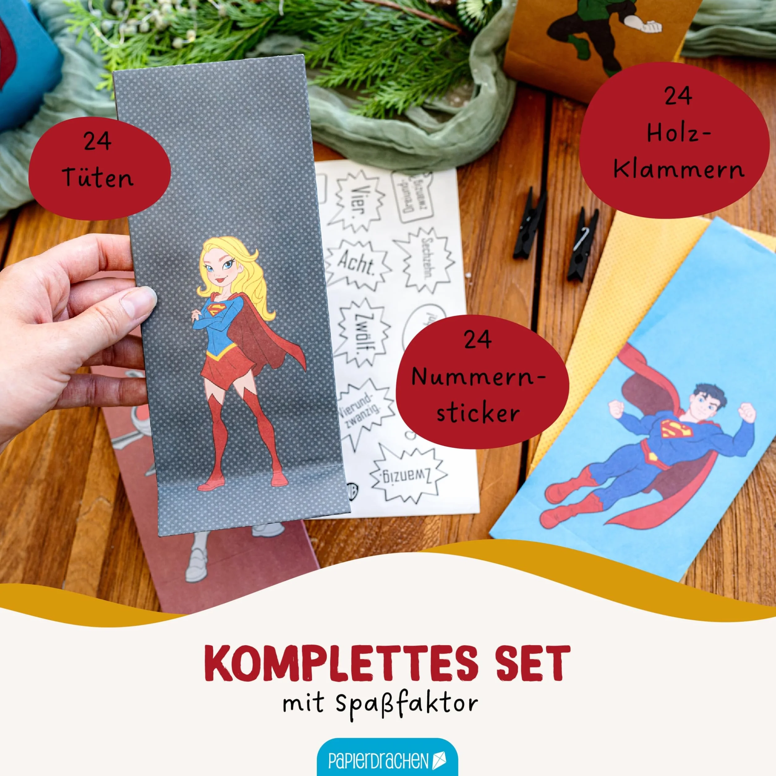 Papierdrachen Kalendarz adwentowy 2025 DC Justice League 8 wzorów zestaw zrób to sam 24 papierowe torebki naklejki drewniane klamerki