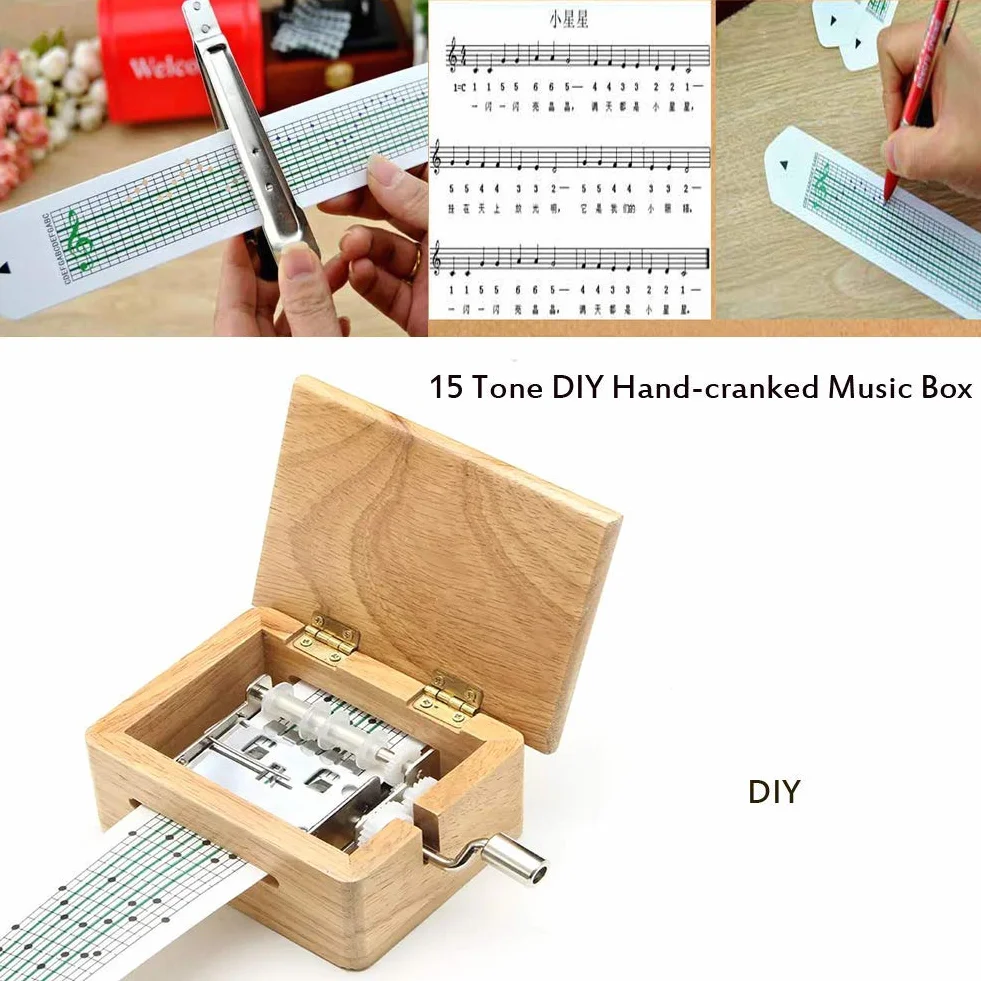 Pozytywka Music Box 15 Note DIY ręczna korbka do samodzielnego komponowania