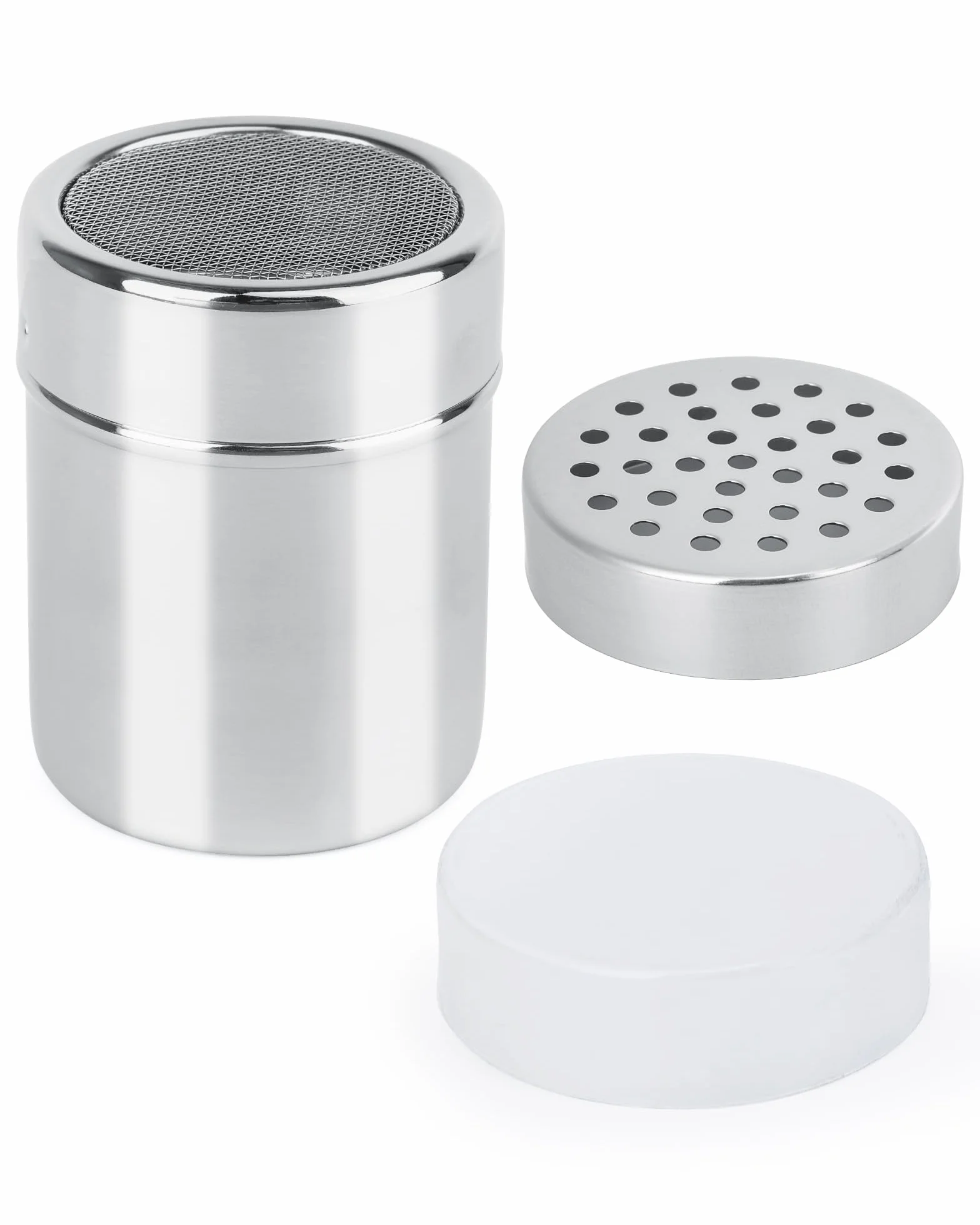 Posypywaczka do cukru pudru 2 w 1, Stal Nierdzewna 304, z 2 Wymiennymi Pokrywkami (Drobne Sitko i Otwory 4mm), Szczelna Pokrywka, Idealna do cukru pudru, kakao, chili oraz cynamonu