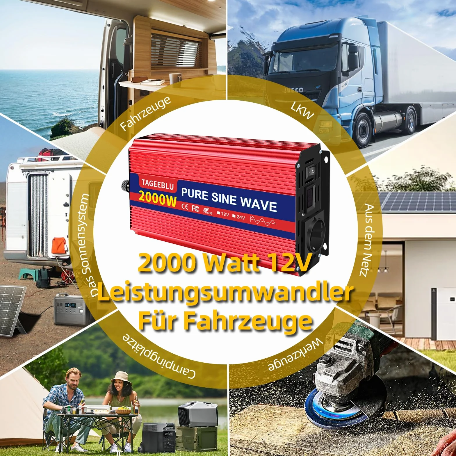 2000W Czysty falownik sinusoidalny DC 12V do AC 230V przetwornica napięcia, falownik do pojazdów z zaciskiem krokodylkowym, 1 gniazdo AC i wyświetlacz LCD