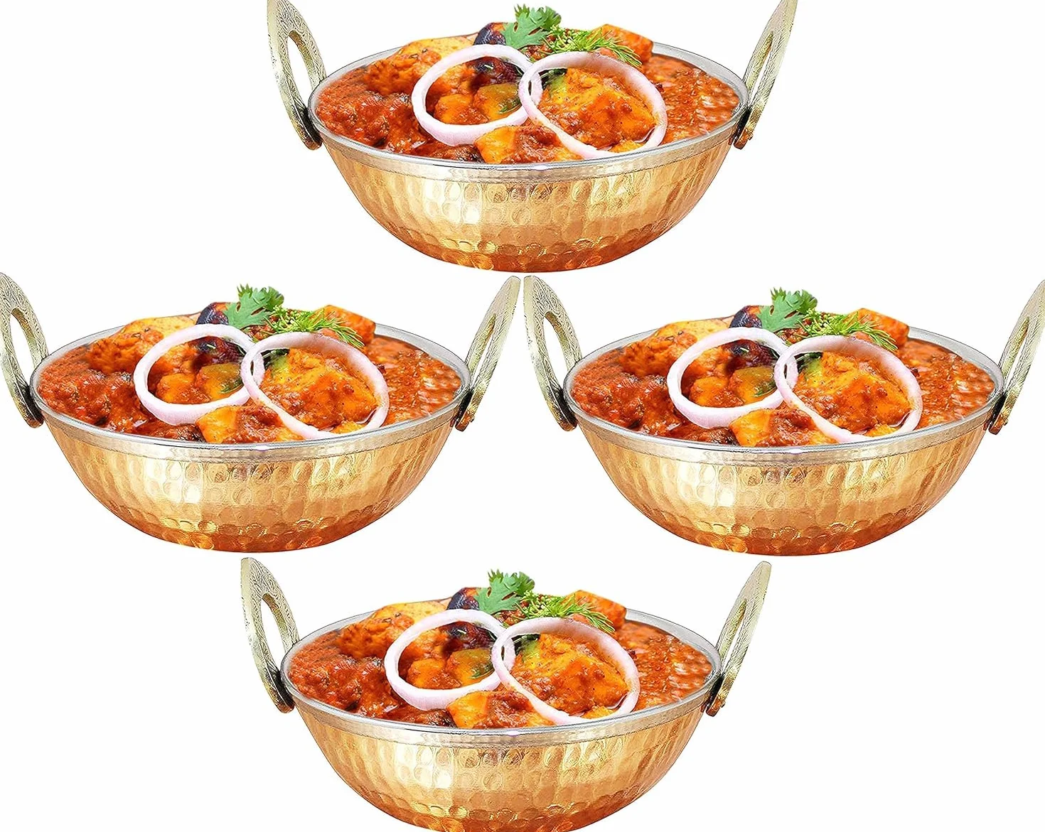 Zestaw 4 miedzianych przyborów Karahi miska na warzywa z uchwytem 15 cm