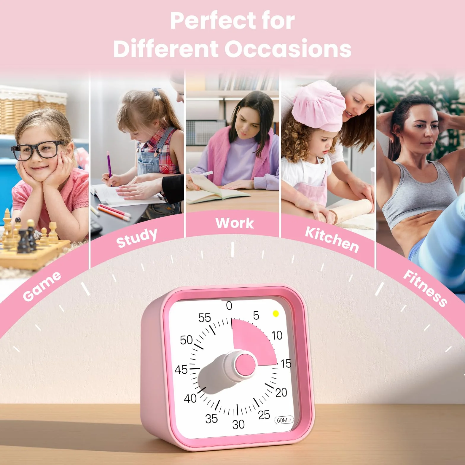 Wizualny timer z funkcją pauzy dla dzieci i dorosłych, licznik wydajności do nauki, lekcji, gotowania w kuchni, spotkań biurowych, zarządzania czasem dla ADHD (różowy)